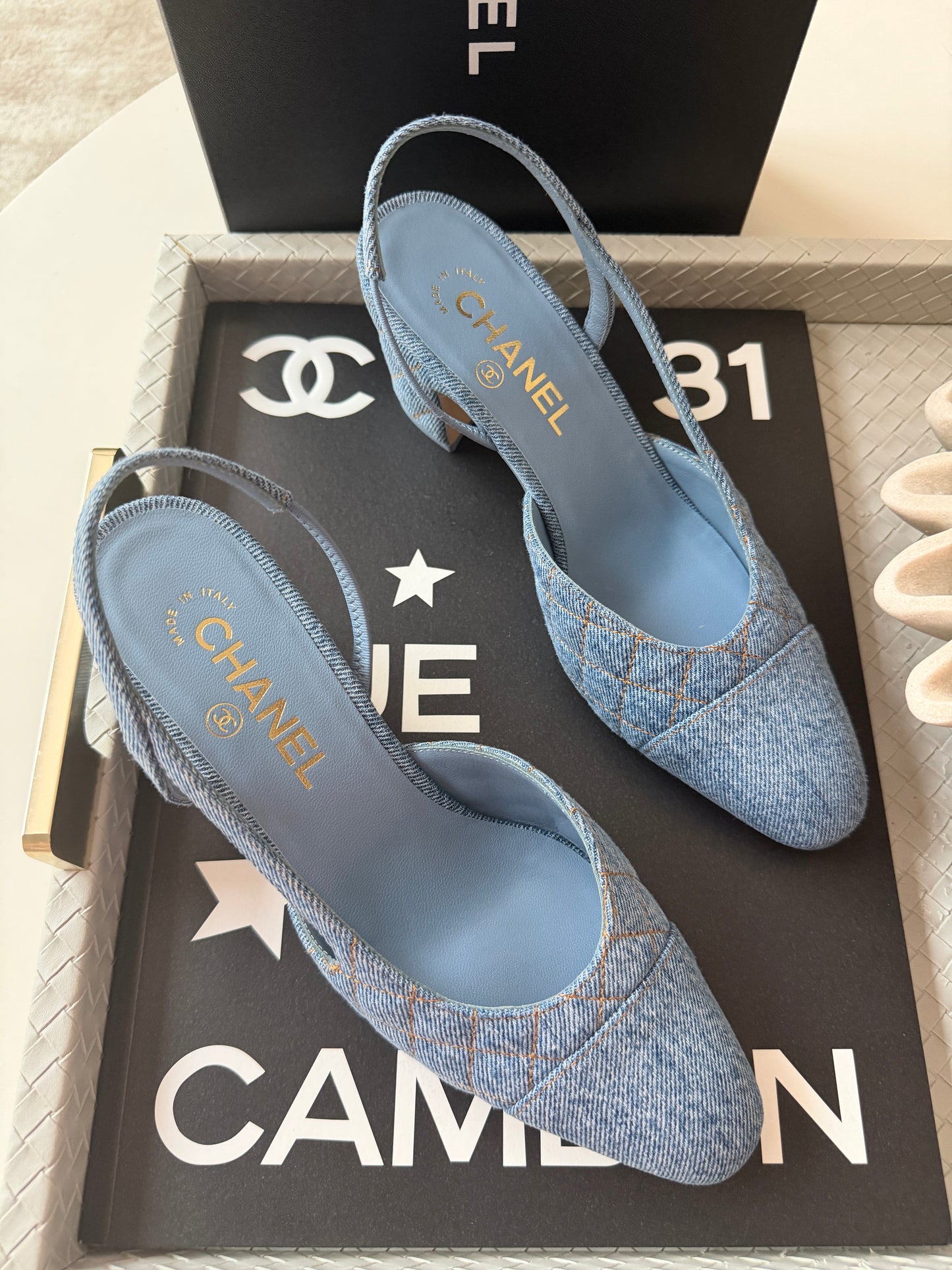Chanel 26B CC Logo Light Blue Quilted Denim Jean Slingback Pumps Chunky Heel