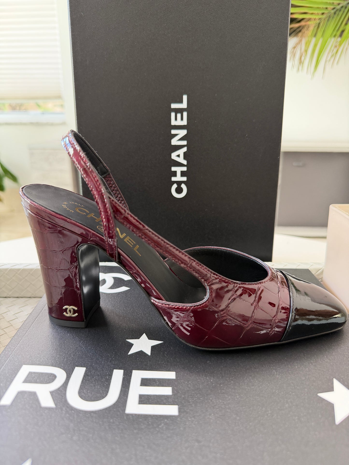 Chanel 26A Coco Sling Burgundy Bordeaux Fonce Croc Embossed Patent Leather Slingback Metiers Dart Pumps Heels
