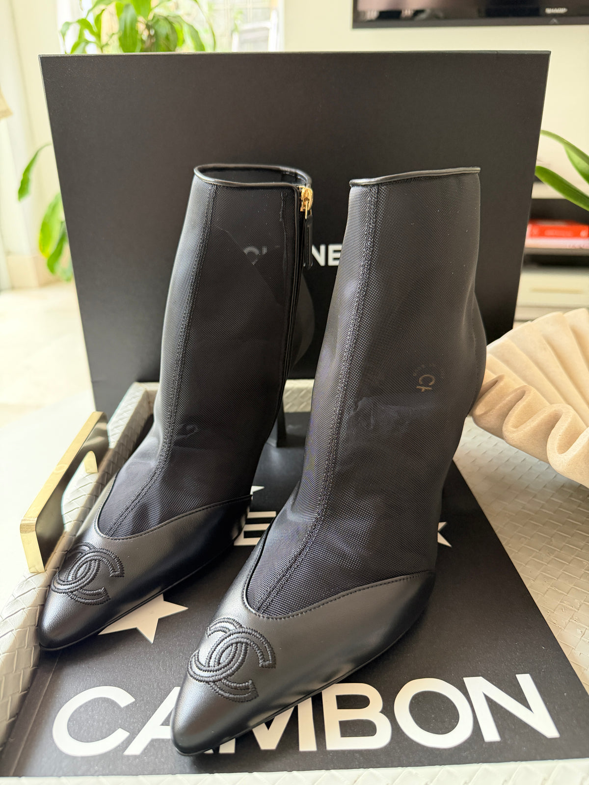 Chanel 26B Black Mesh Lambskin Leather CC Logo Cap Toe Booties Ankle Boots