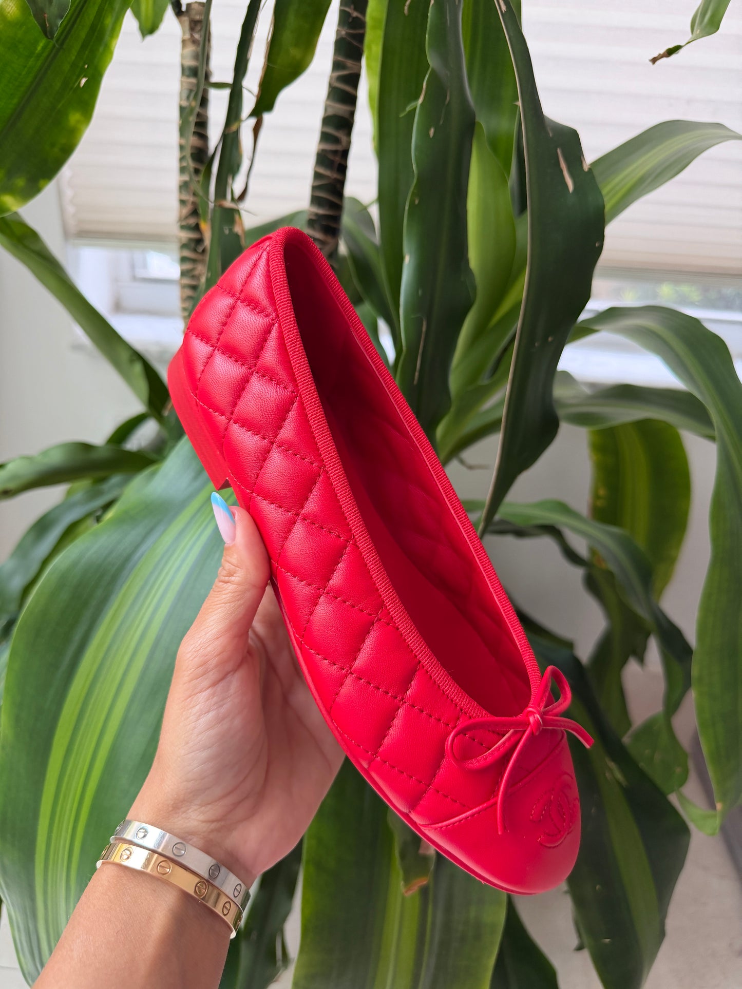 Chanel 26B Blazy Lambskin Leather Quilted Red Agneau Rouge CC Logo Ballet Ballerina Flats