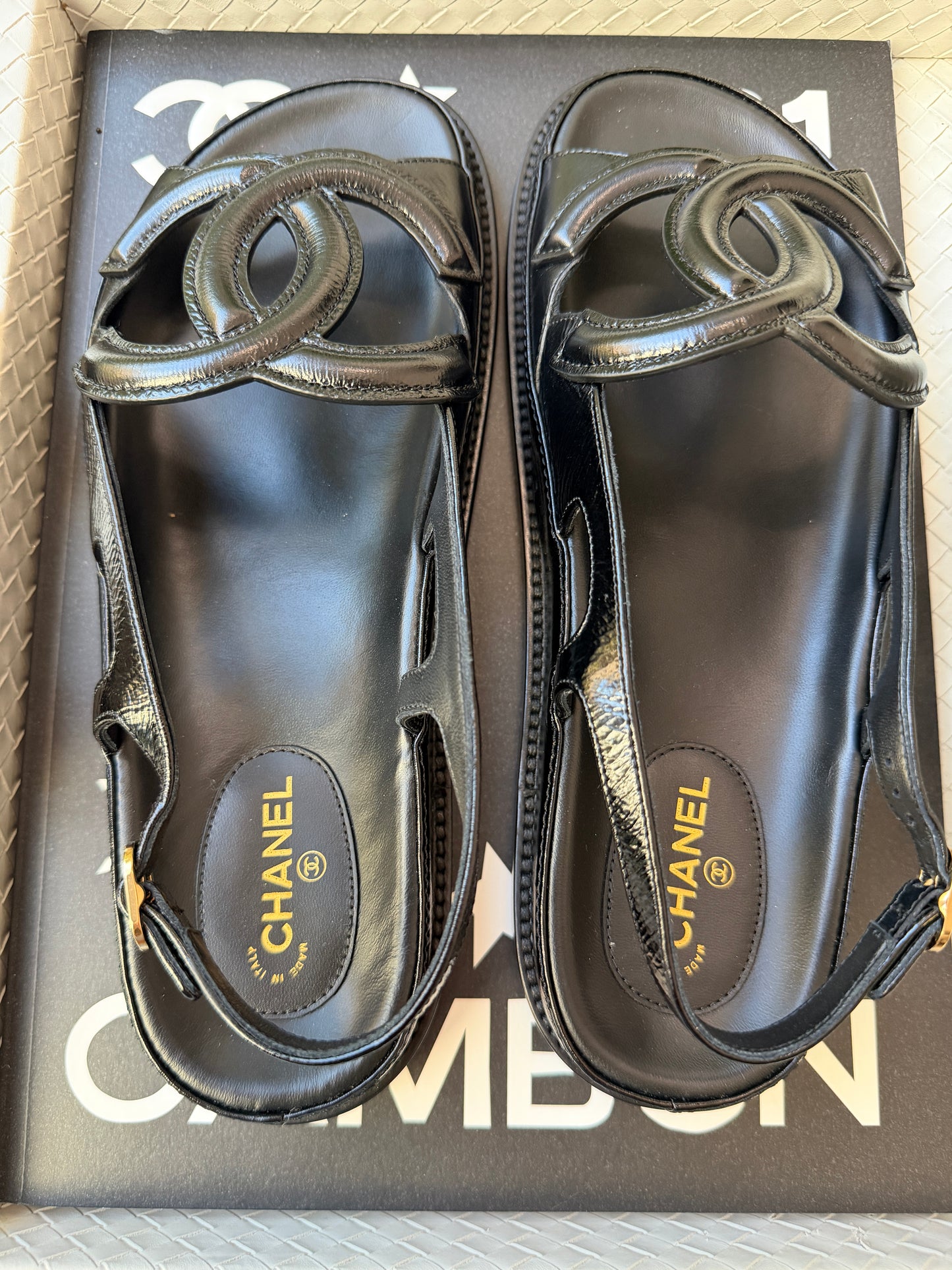 Chanel FW 26 Blazy Crumpled Shiny Lambskin Leather Black CC Logo Dad Sandals Slingbacks