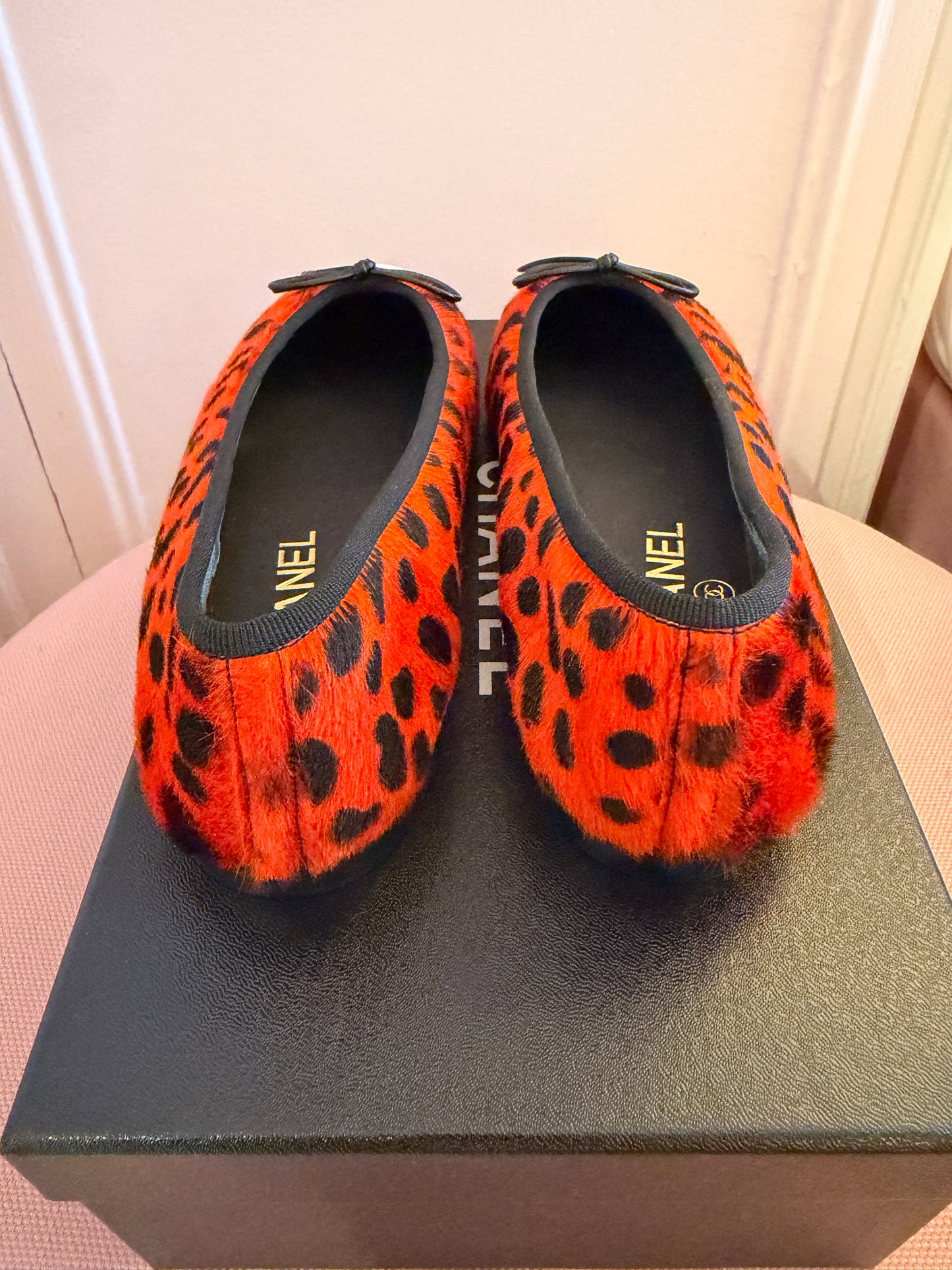 Chanel MÉTIERS D’ART 26 Red Orange Black White Pony Hair Animal Print Ballet Flats