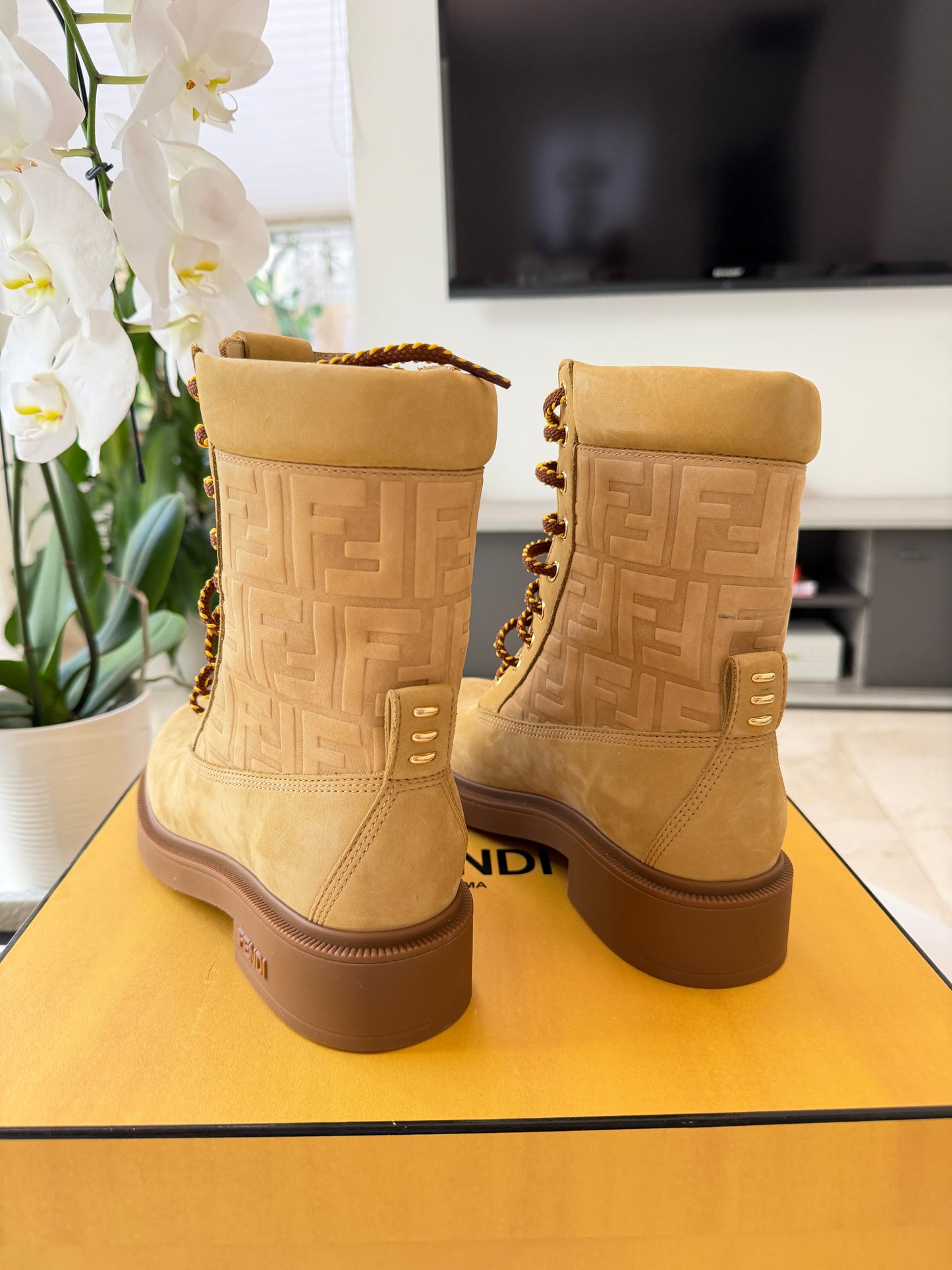 Fendi Filo Beige Nubuck FF Embossed Logo Lace Up Tie Combat Ankle Biker Boots