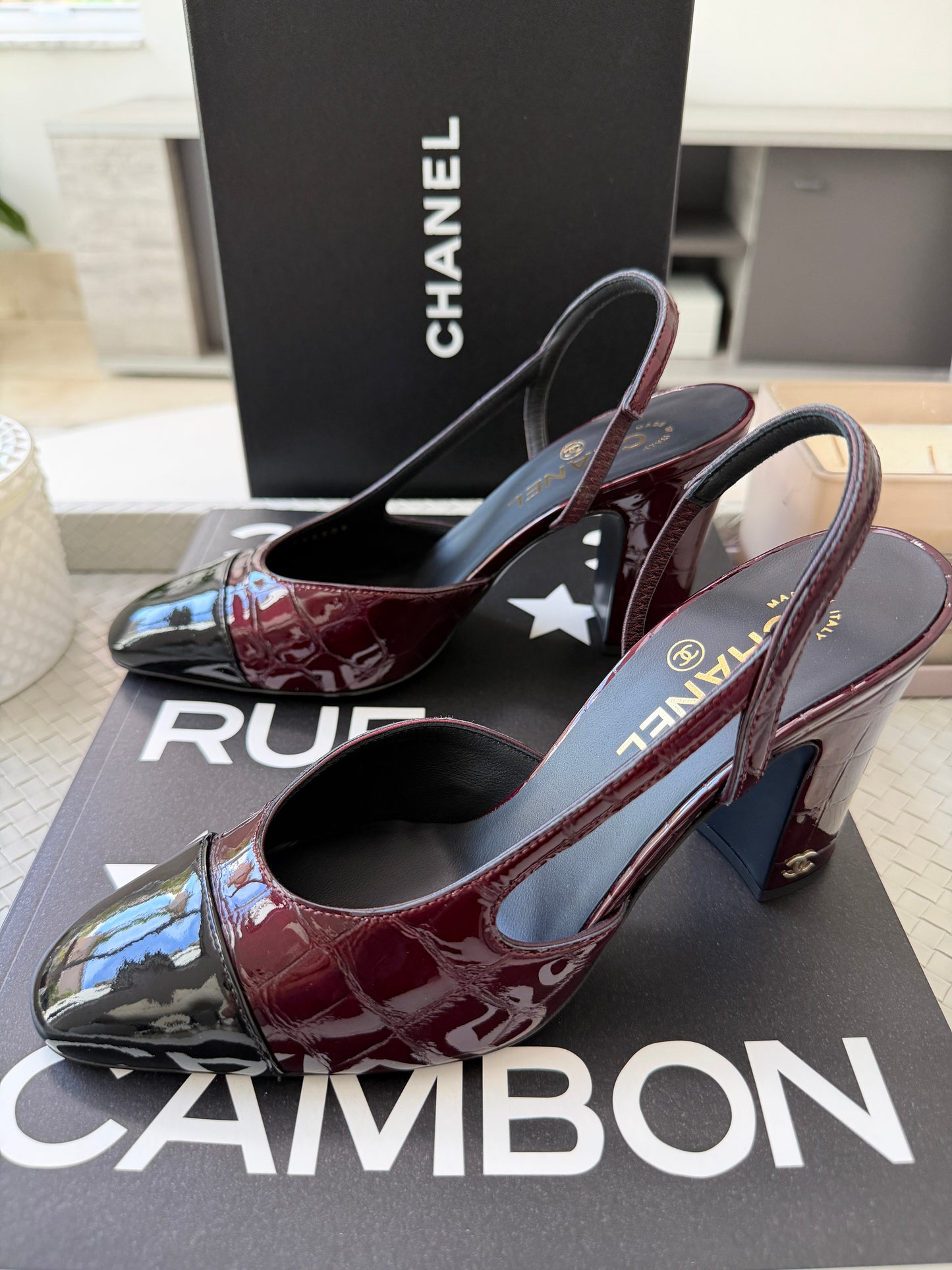 Chanel 26A Coco Sling Burgundy Bordeaux Fonce Croc Embossed Patent Leather Slingback Metiers Dart Pumps Heels