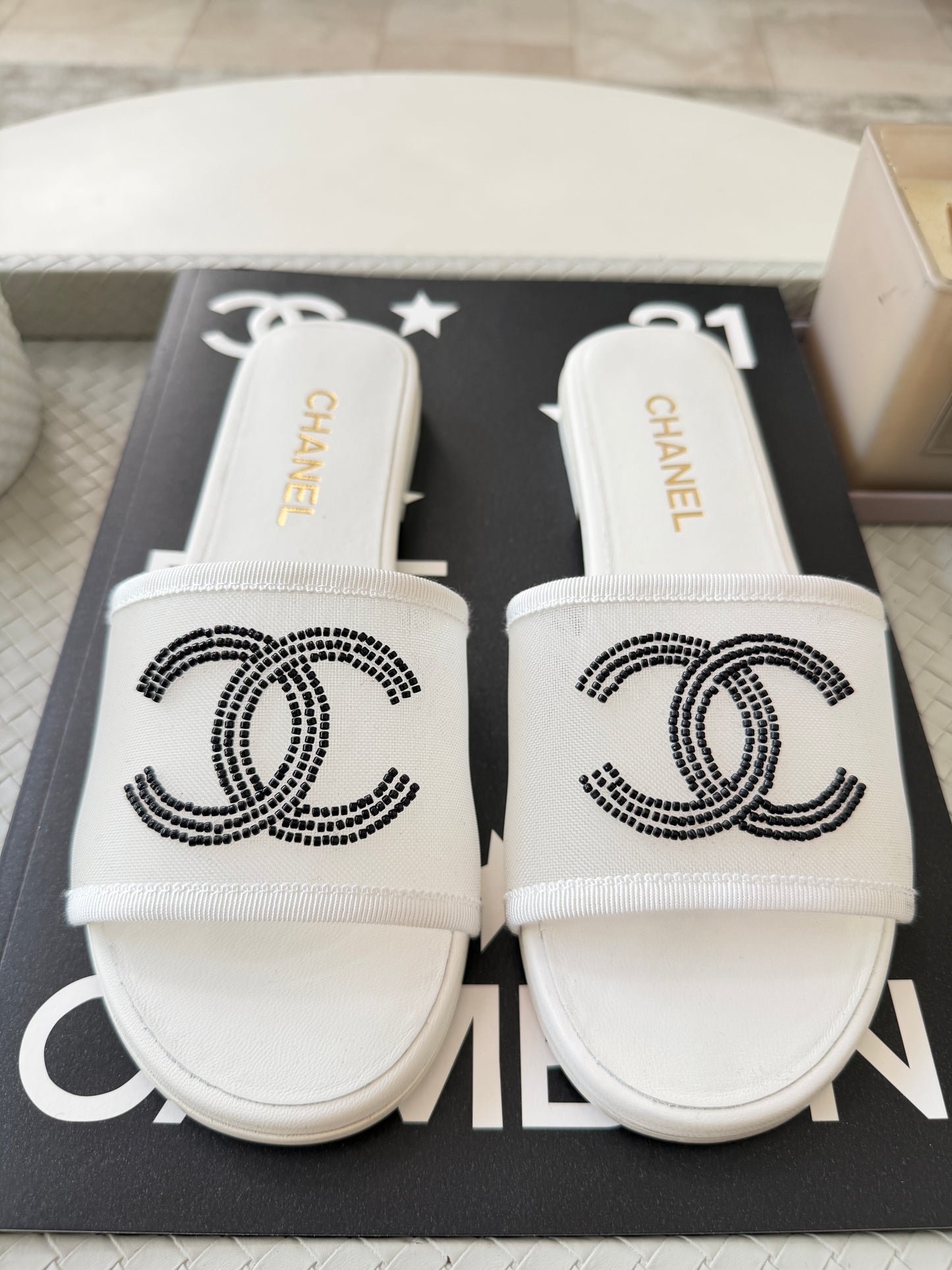 Chanel Blazy White Mesh Black Beads CC Logo Slides Sandals Mules Slide Flats