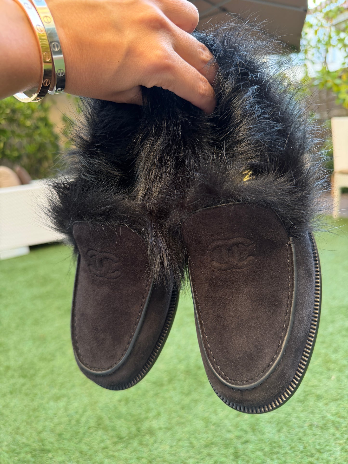 CHANEL COCO NEIGE 25/26 BLACK SUEDE LEATHER FUR SHEARLING LOAFERS MOCCASSINS