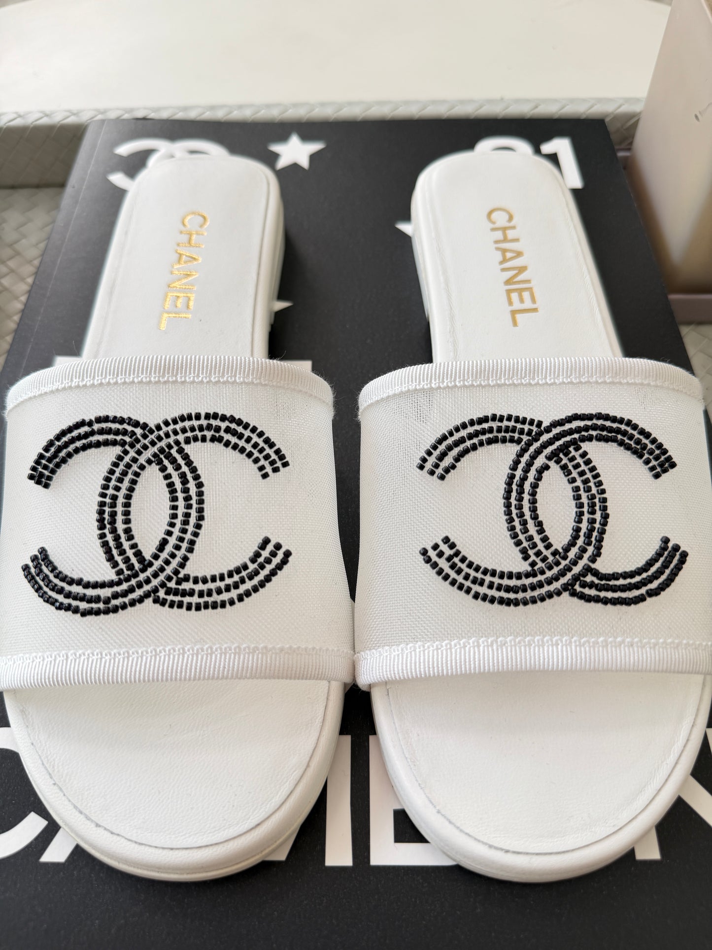 Chanel Blazy White Mesh Black Beads CC Logo Slides Sandals Mules Slide Flats