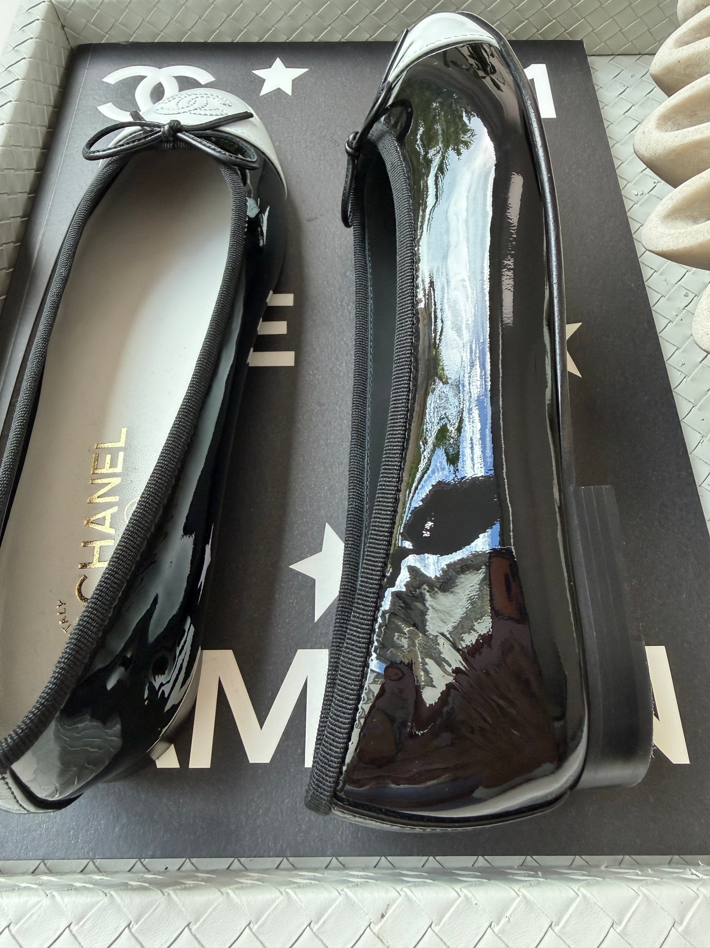 Chanel 26 Black Patent Leather White Cap Toe CC Logo Flat Ballet Ballerina Flats