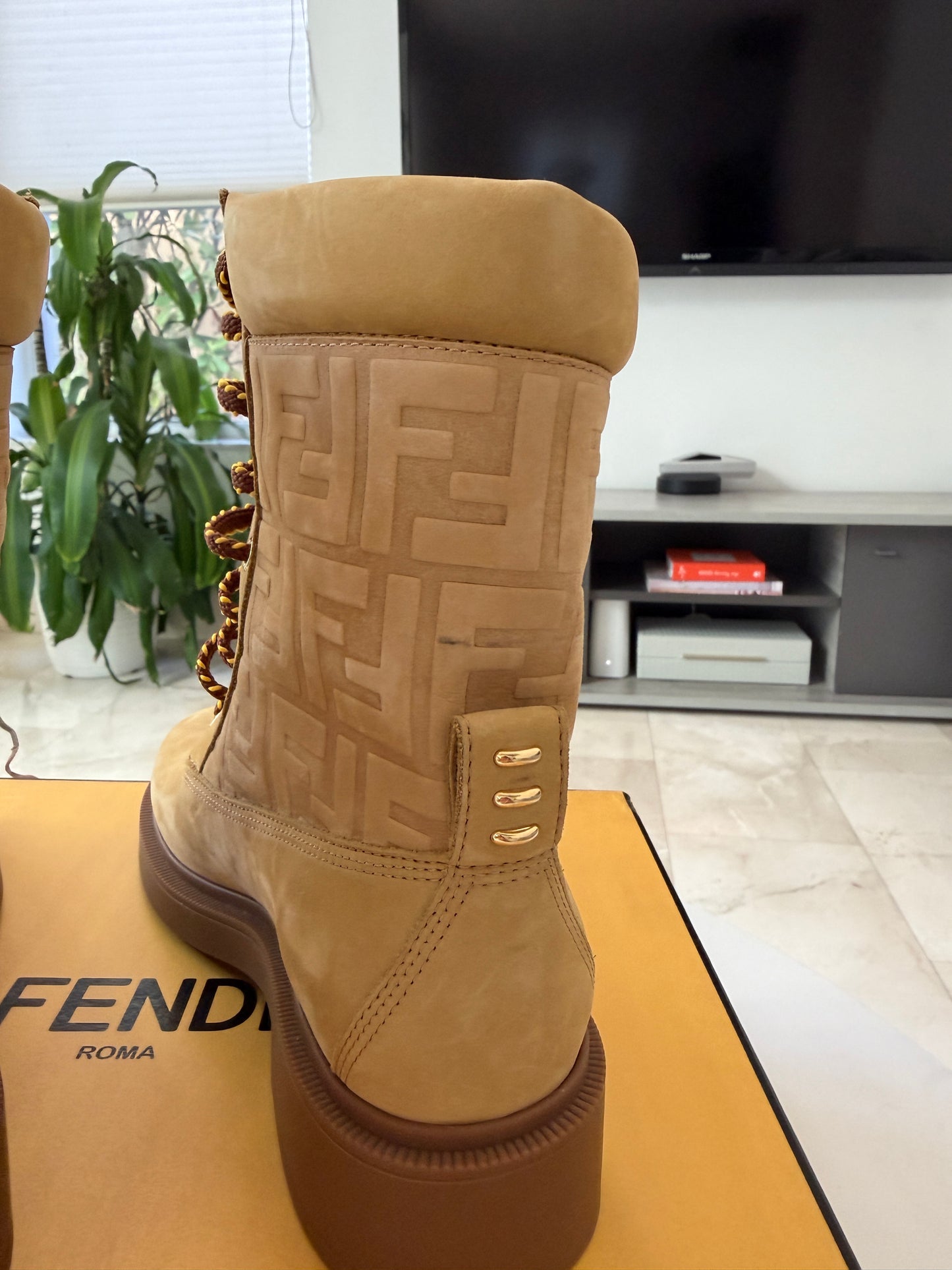 Fendi Filo Beige Nubuck FF Embossed Logo Lace Up Tie Combat Ankle Biker Boots