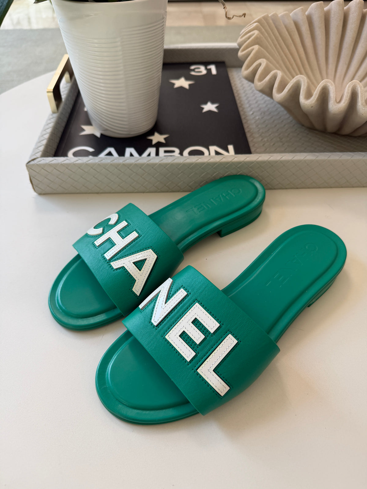 CHANEL CHA NEL LOGO GREEN LEATHER FLAT SHOES SLIDES MULES