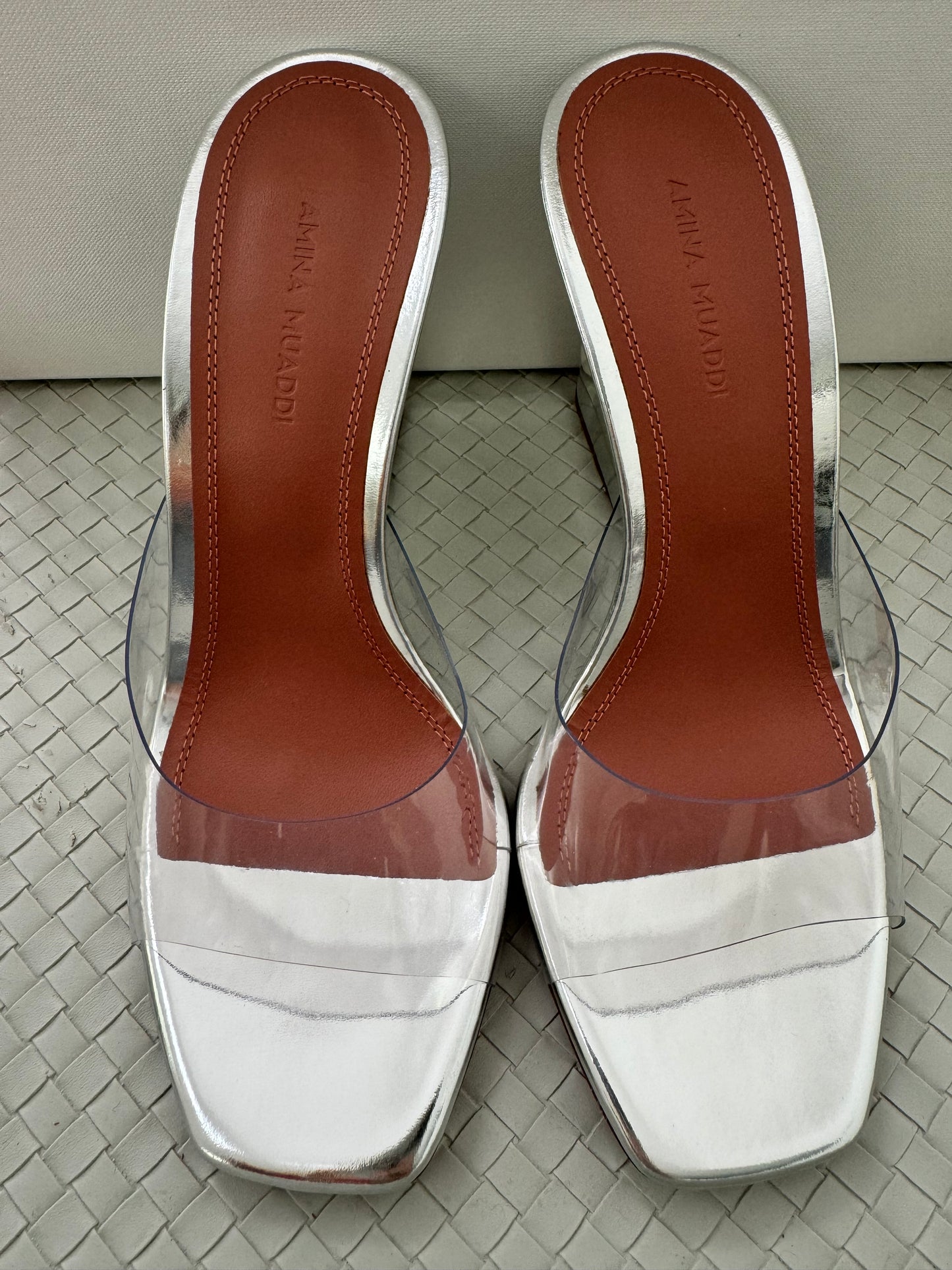 Amina Muaddi Lupita Glass Wedge PVC Clear Silver Mule Sandals Heel Shoes