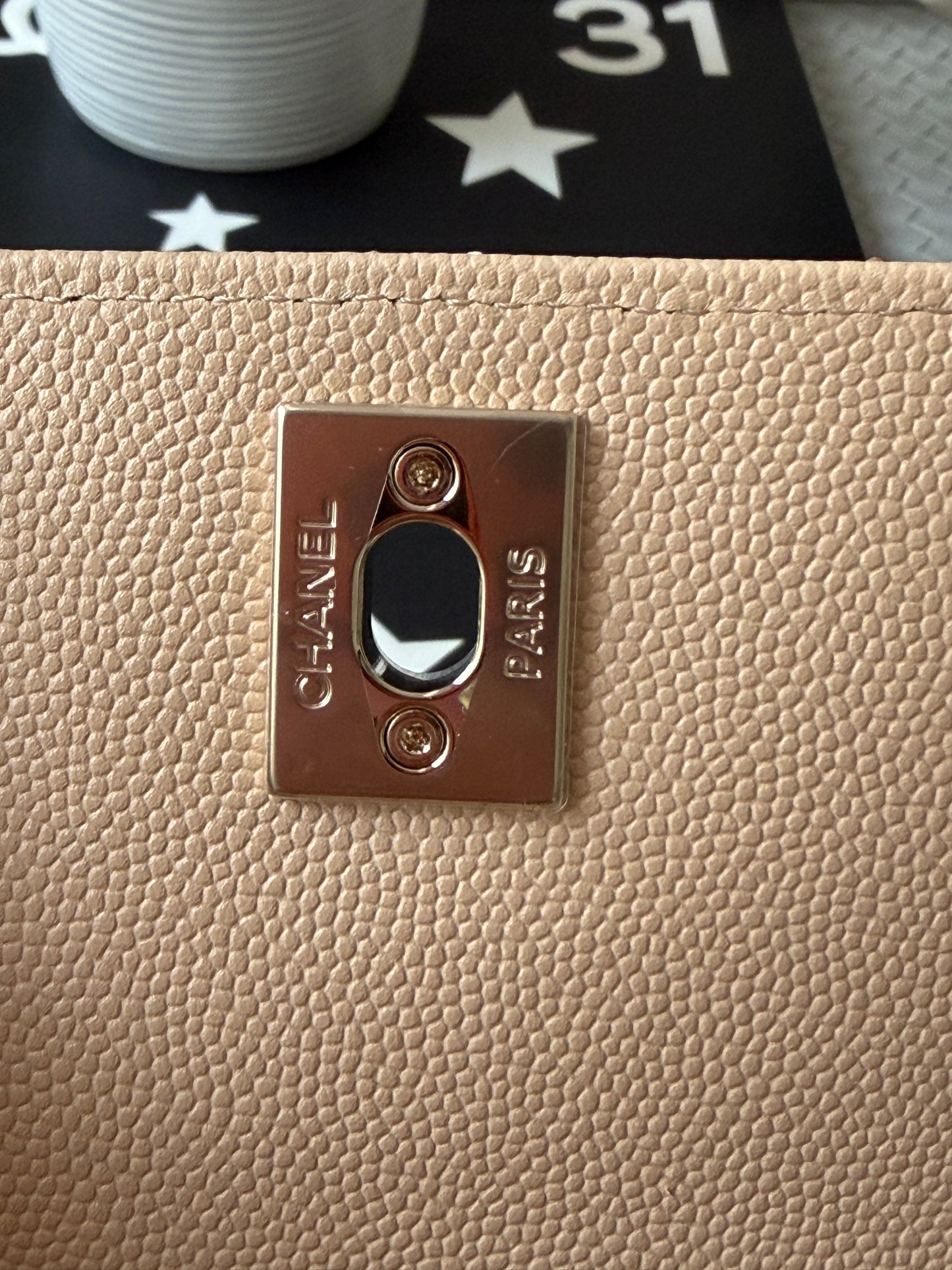 Chanel 24K AP4244 Micro Coco Handle Extra Mini Classic Flap Bag Beige Caviar Clutch with Chain Gold HW