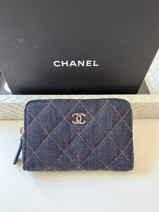 Chanel 26P Classic Zipped Zip Coin Purse Denim Dark Blue Orange Jean Wallet NWT