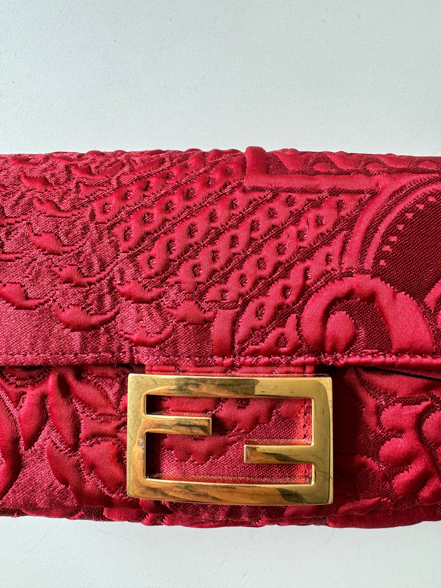 Fendi Red Rosso Fabric Floral Embroidered Hip Belt Pouch Baguette Bag Purse Pre-Owned