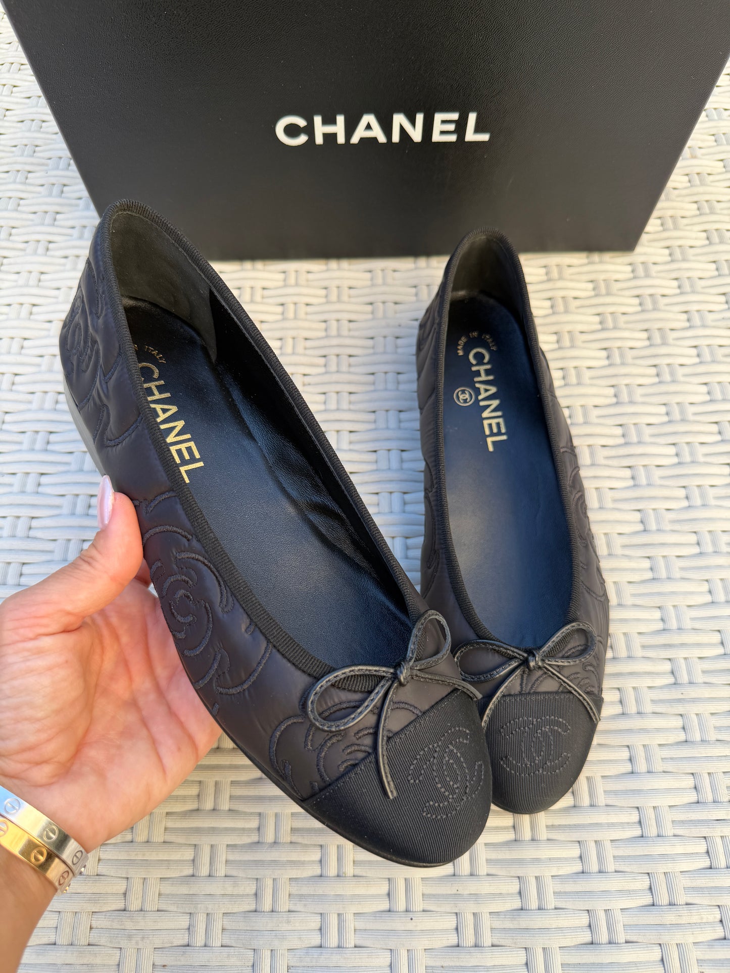 CHANEL CC LOGO CAMELLIA EMBOSSED BLACK NYLON BALLET BALLERINA FLATS CAP TOE