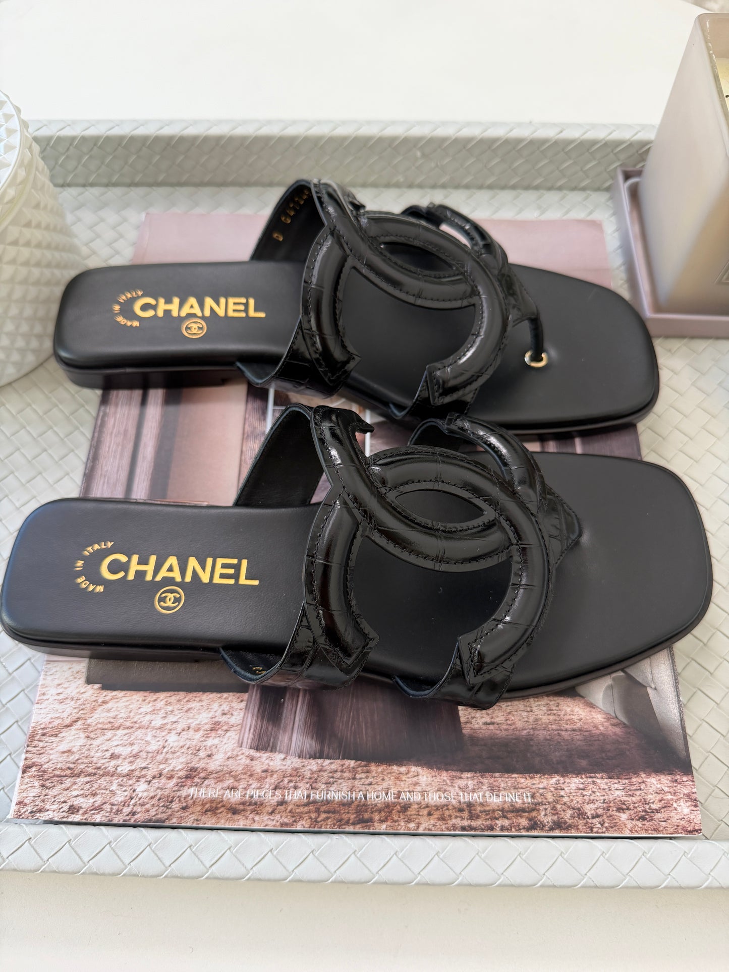 Chanel SS 26 Blazy Black Leather Croc Embossed CC Logo Slides Flat Flip Flop Mules Sandals