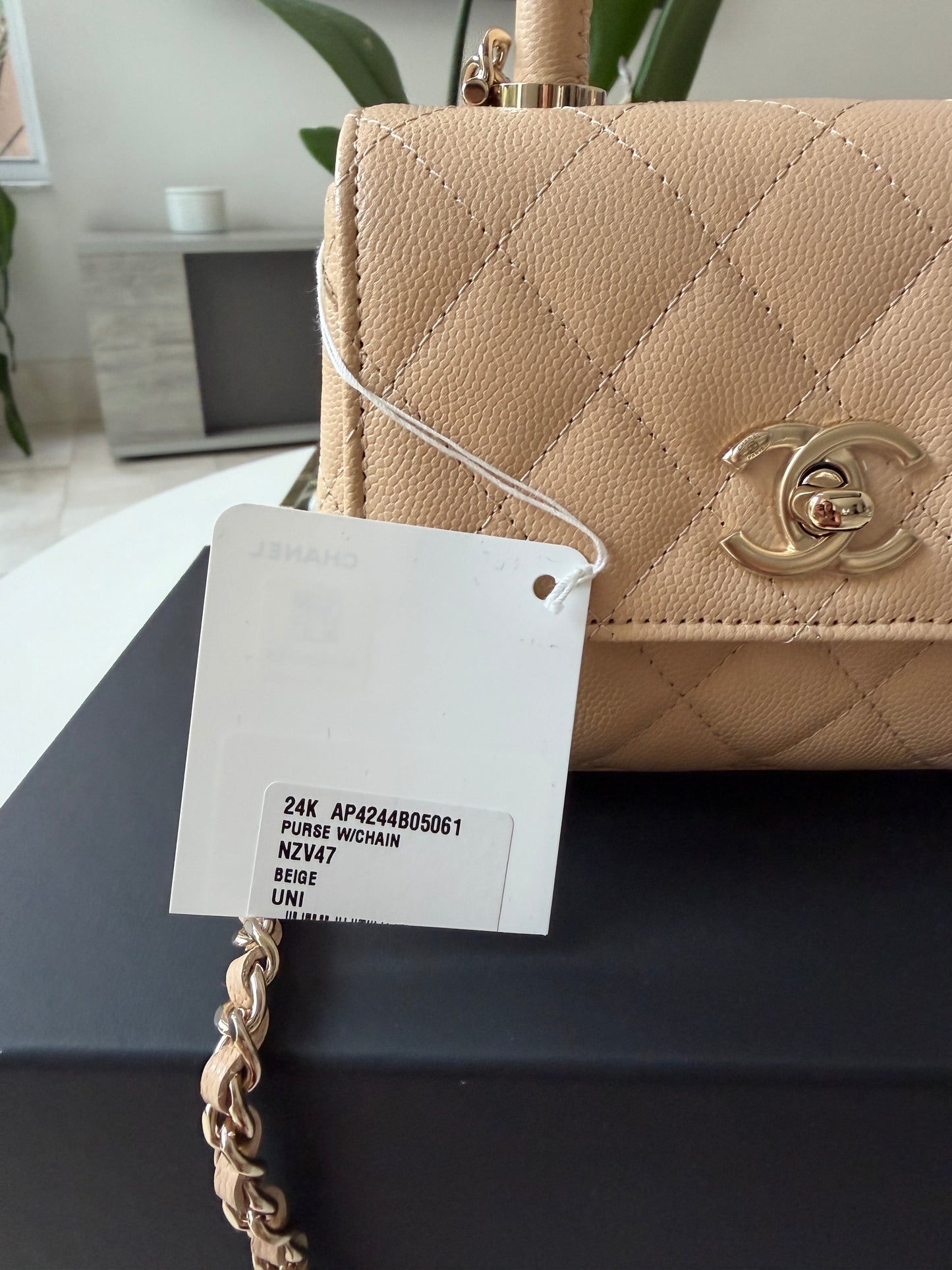 Chanel 24K AP4244 Micro Coco Handle Extra Mini Classic Flap Bag Beige Caviar Clutch with Chain Gold HW