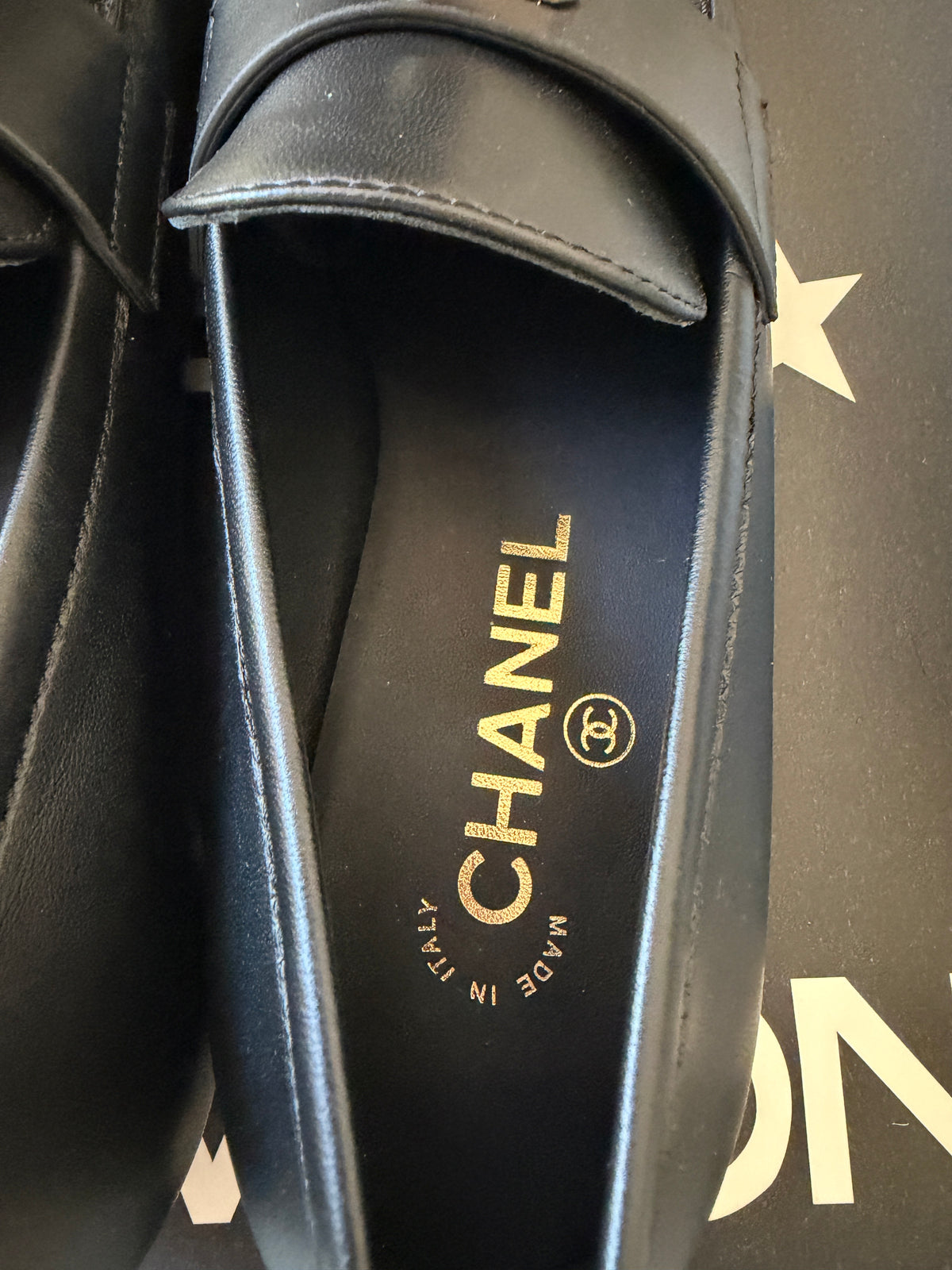 Chanel 2024 Classic Lambskin Leather Black Enamel CC Logo Moccasins Loafers Flats Shoes