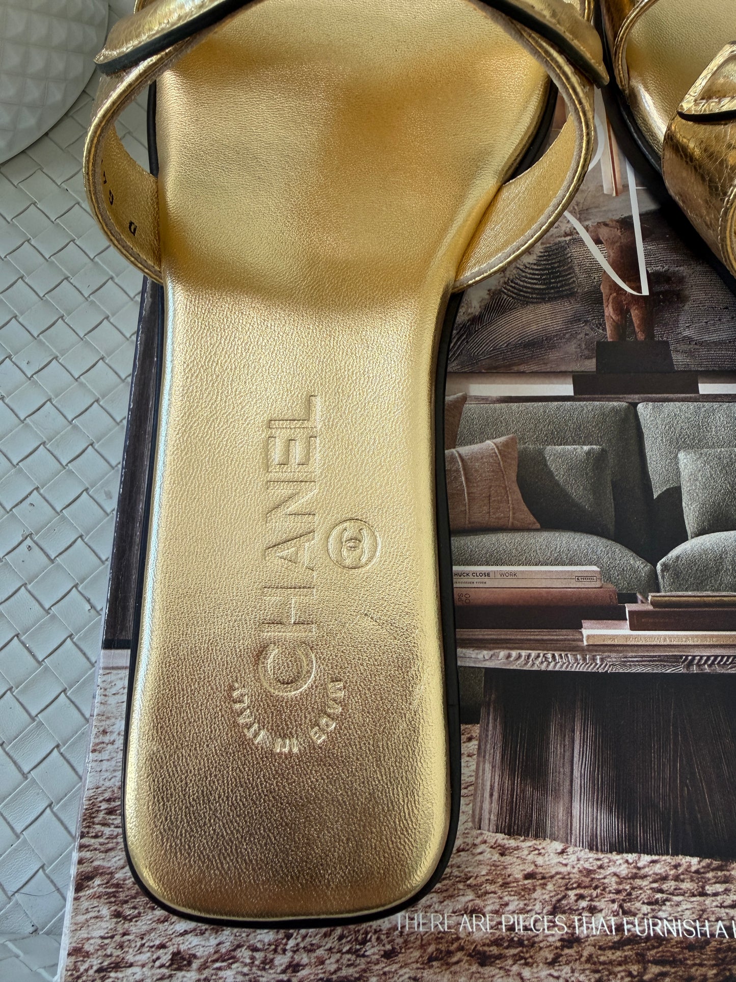 Chanel SS 26 Blazy Gold Crackled Leather CC Logo Slides Flat Flip Flop Mules Sandals