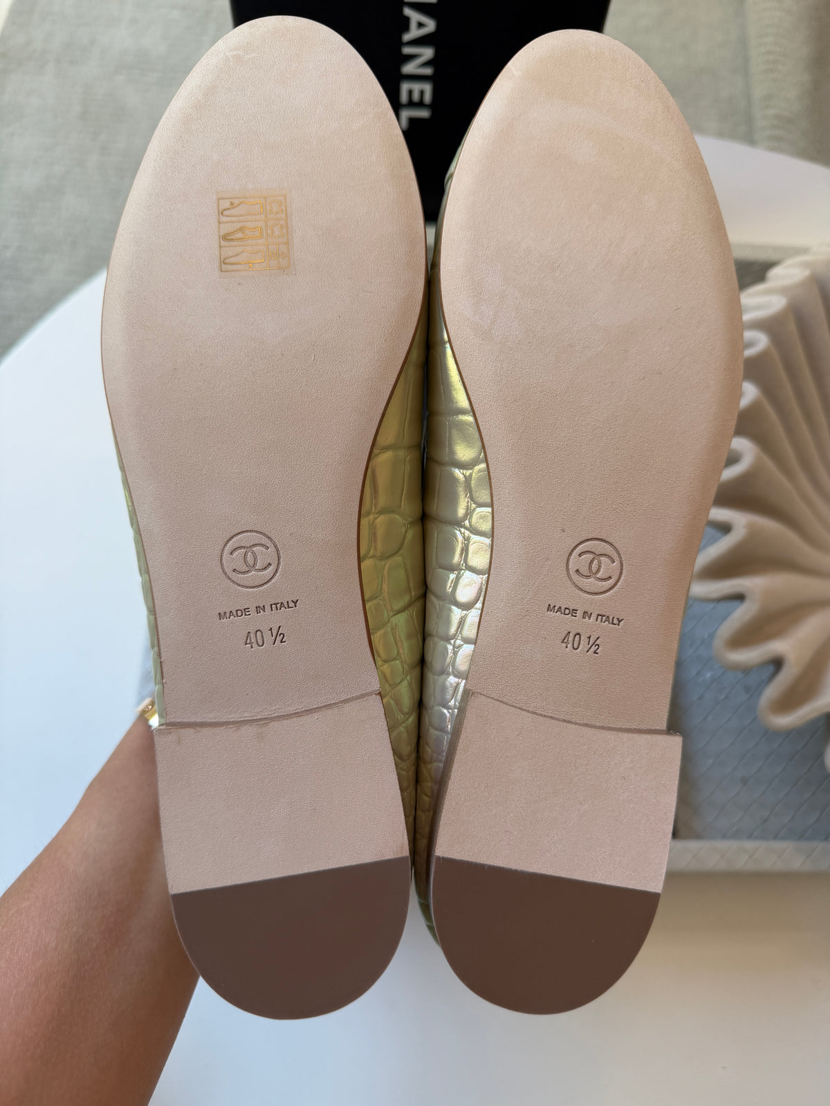 Chanel 26K Yellow Crocodile Croc Embossed Iridescent Cap Toe Ballet Flats