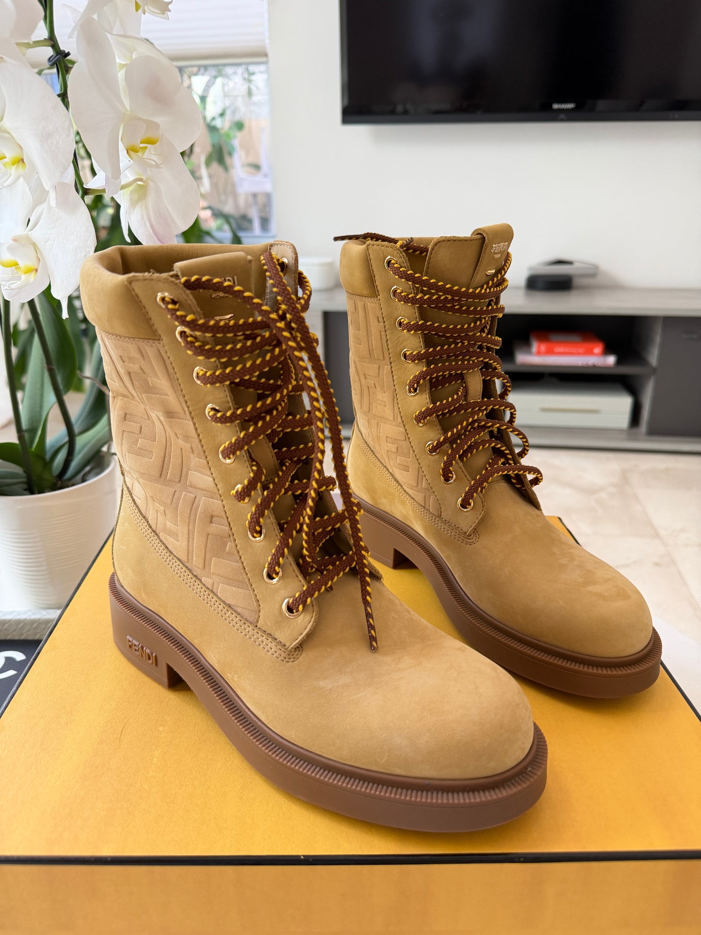 Fendi Filo Beige Nubuck FF Embossed Logo Lace Up Tie Combat Ankle Biker Boots