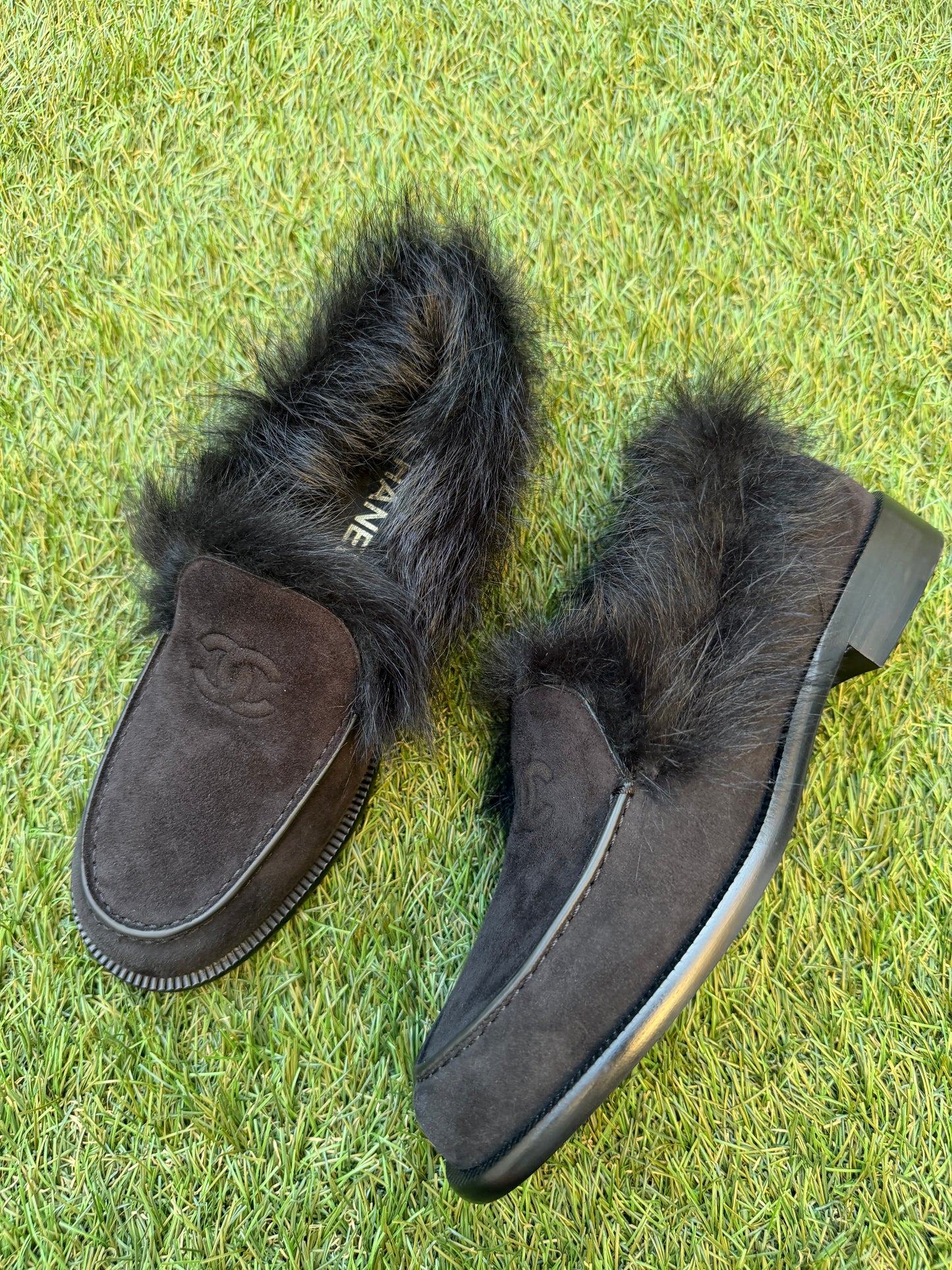 CHANEL COCO NEIGE 25/26 BLACK SUEDE LEATHER FUR SHEARLING LOAFERS MOCCASSINS