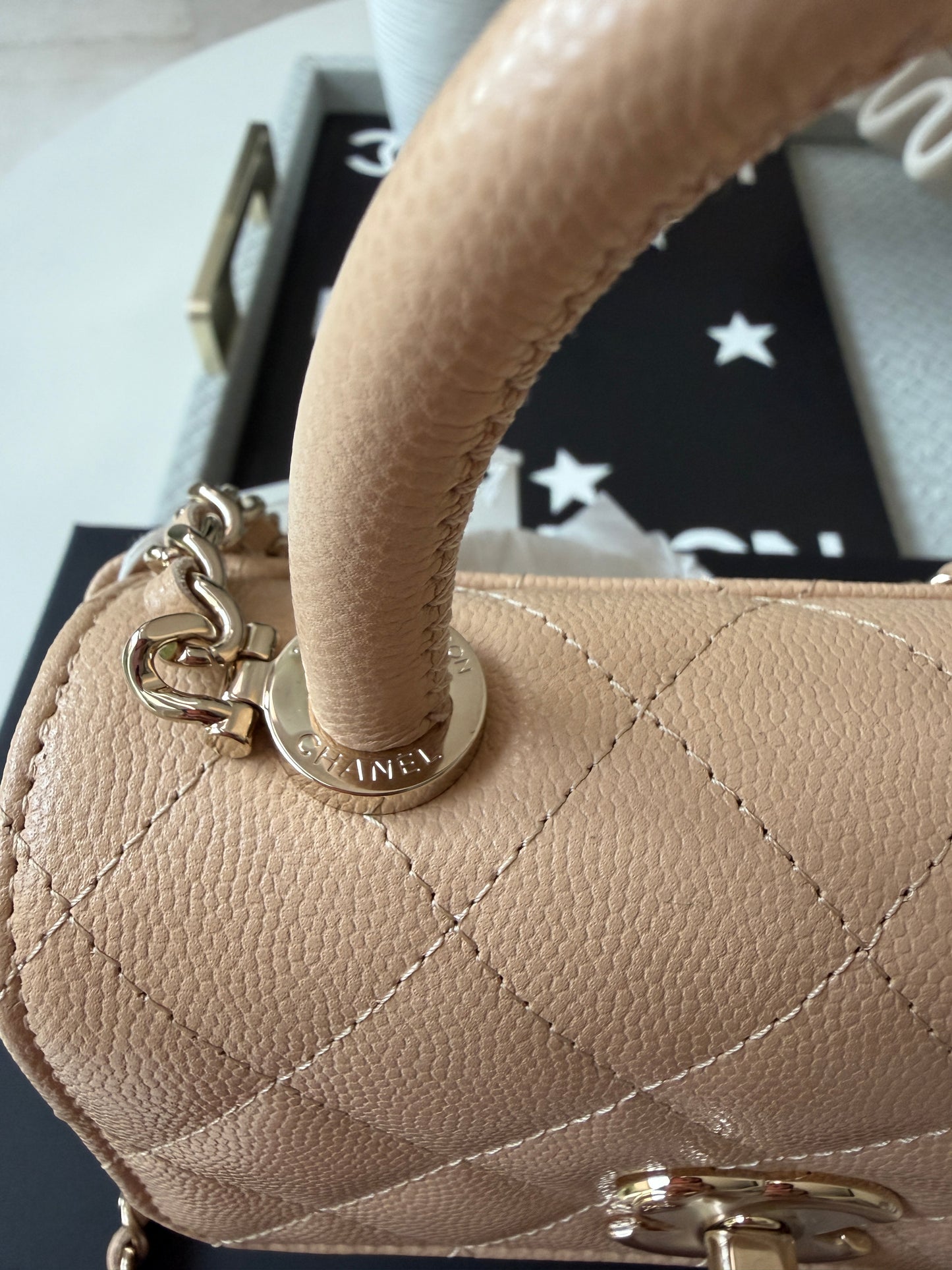 Chanel 24K AP4244 Micro Coco Handle Extra Mini Classic Flap Bag Beige Caviar Clutch with Chain Gold HW
