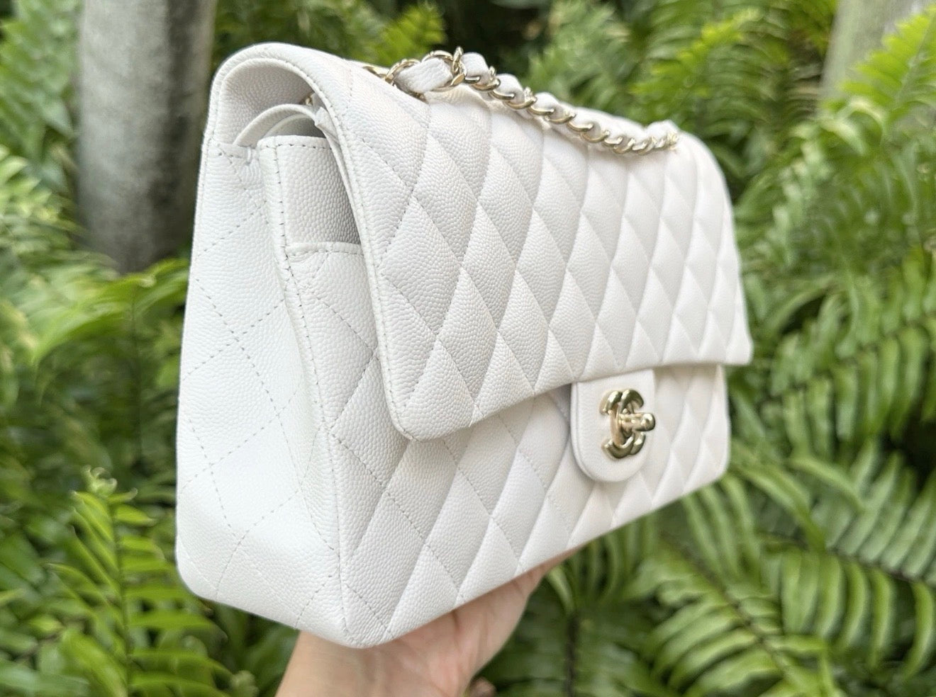 CHANEL WHITE CAVIAR LEATHER MEDIUM CLASSIC DOUBLE FLAP BAG LIGHT GOLD HARDWARE