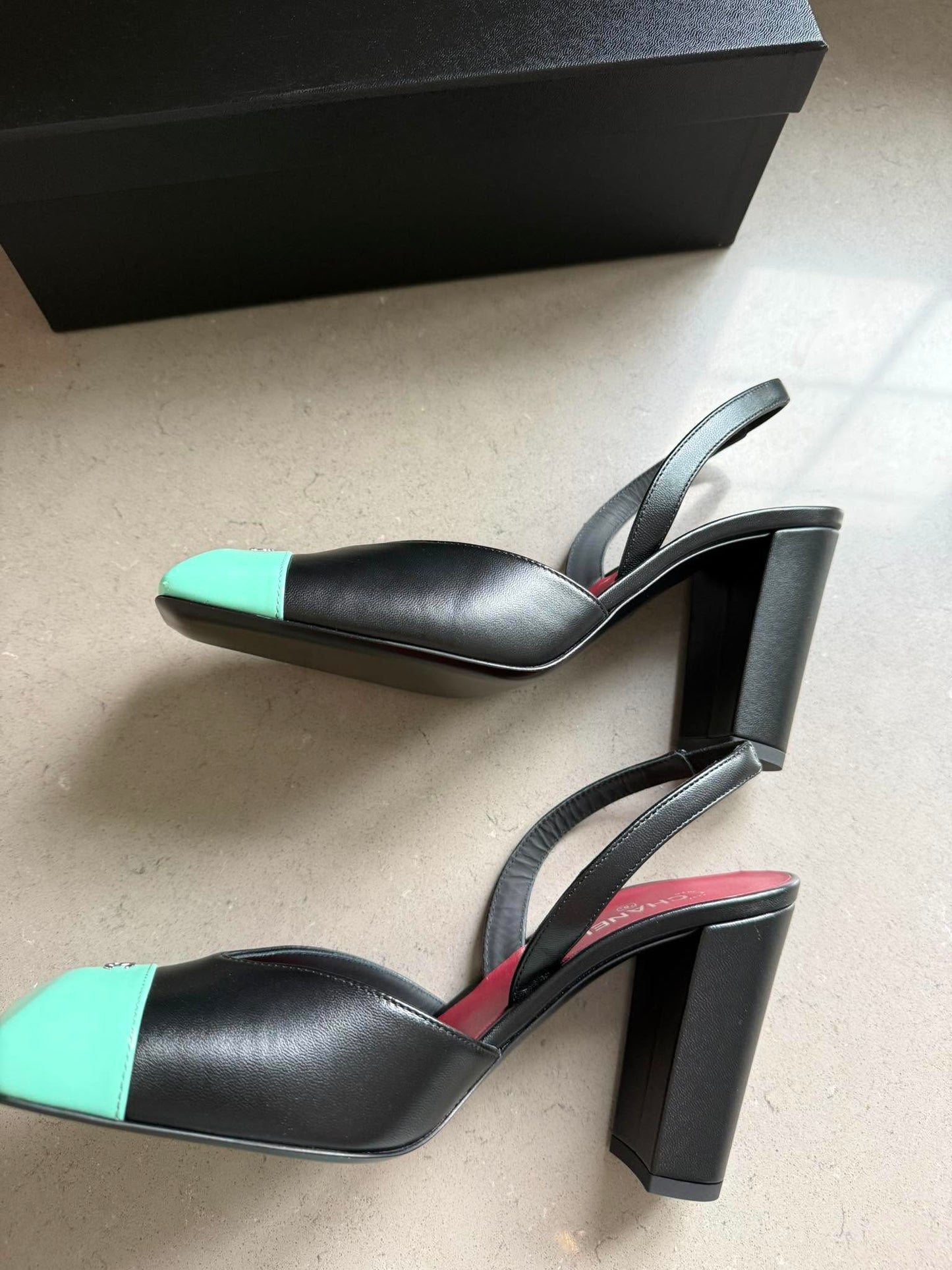 Chanel 26S Blazy Black Green Minty Square Cap Toe Sling CC Slingback Chunky Heel Pumps