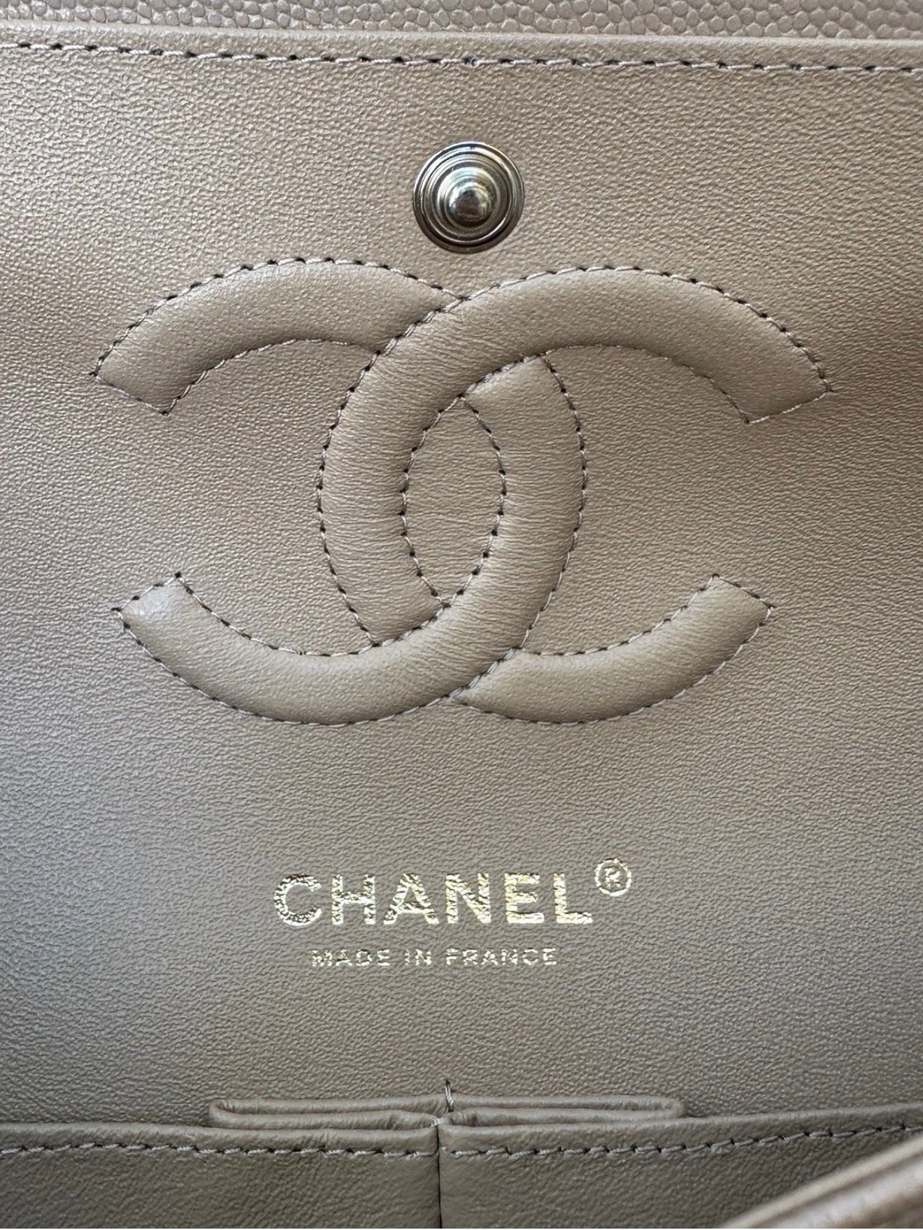 CHANEL DARK BEIGE CAVIAR LEATHER MEDIUM CLASSIC DOUBLE FLAP BAG LIGHT GOLD HARDWARE
