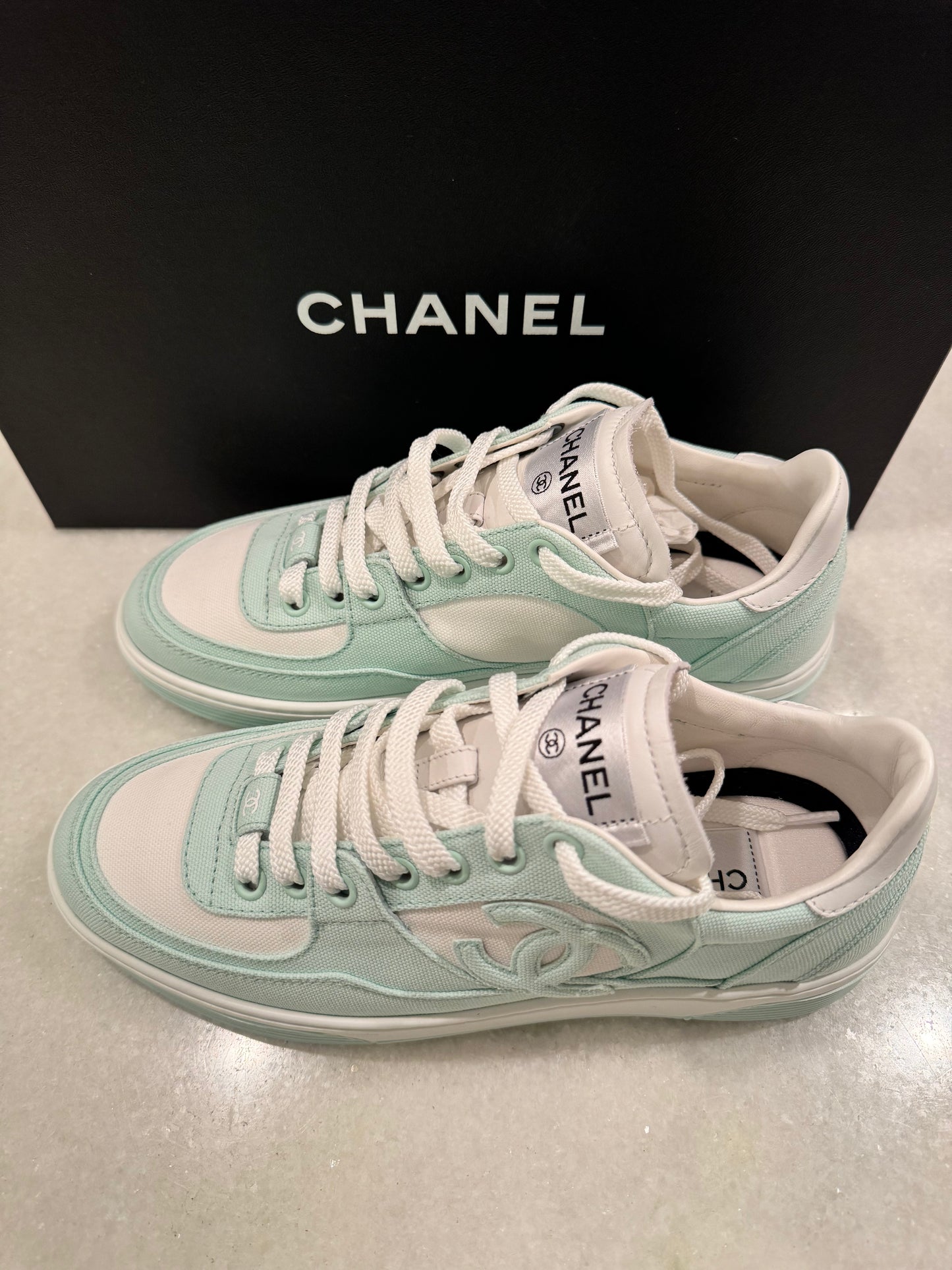 Chanel 24C Cruise 2024 Light Turquoise White Cotton CC Logo Trainers Sneakers