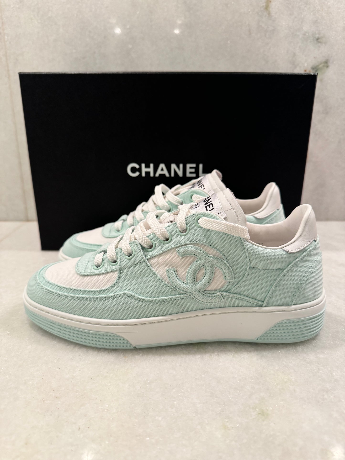 Chanel 24C Cruise 2024 Light Turquoise White Cotton CC Logo Trainers Sneakers