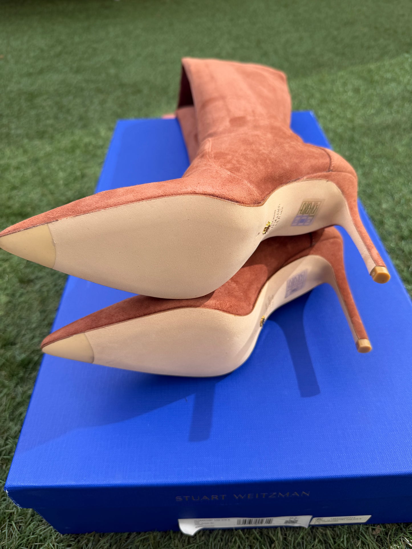 STUART WEITZMAN ULTRASTUART 100 CAPPUCCINO SUEDE BROWN STRETCH POINT TOE OVER KNEE BOOTS