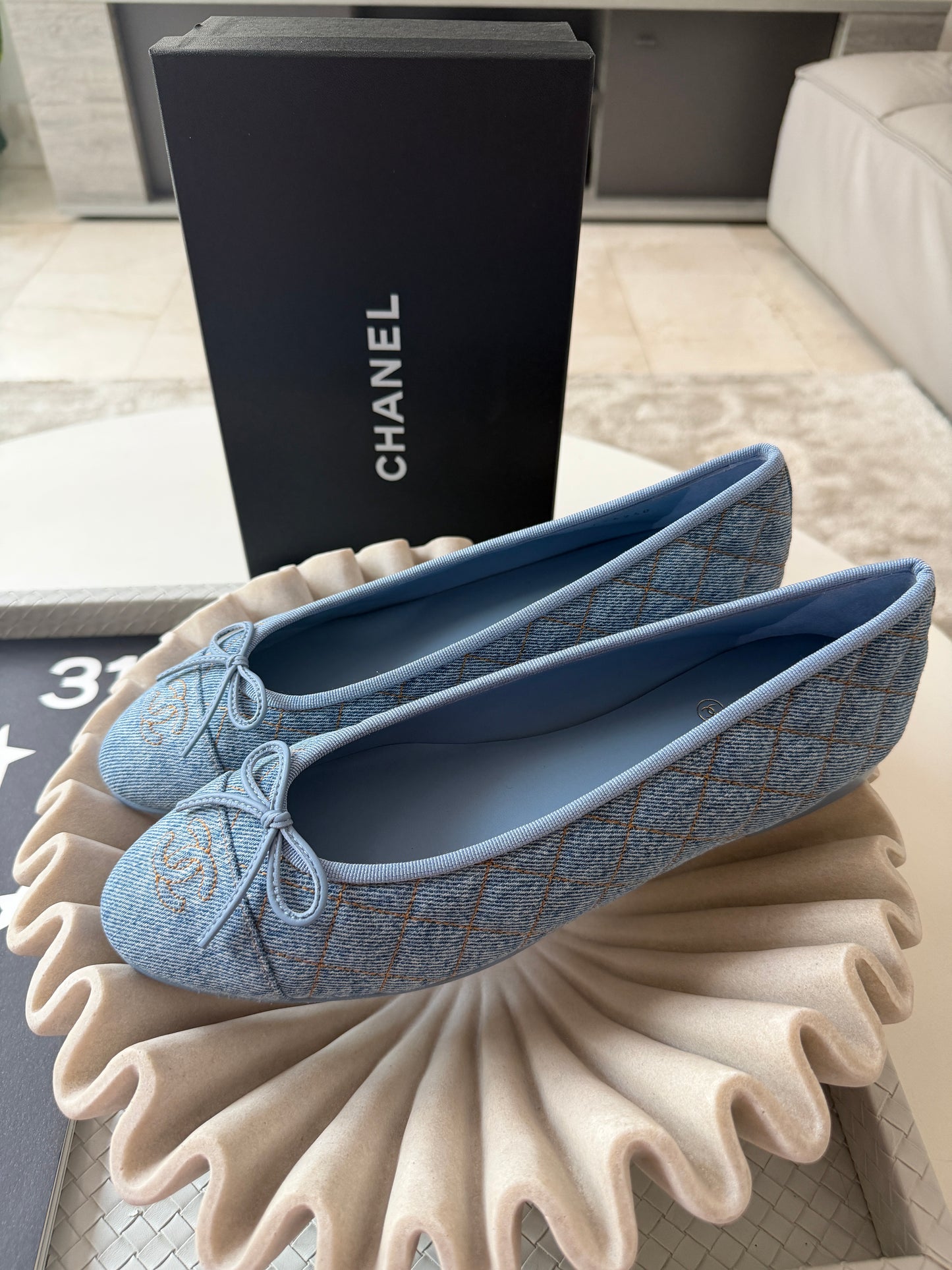 Chanel 26B Blazy Quilted Denim CC Logo Ballet Flats Light Blue Jean Ballerina