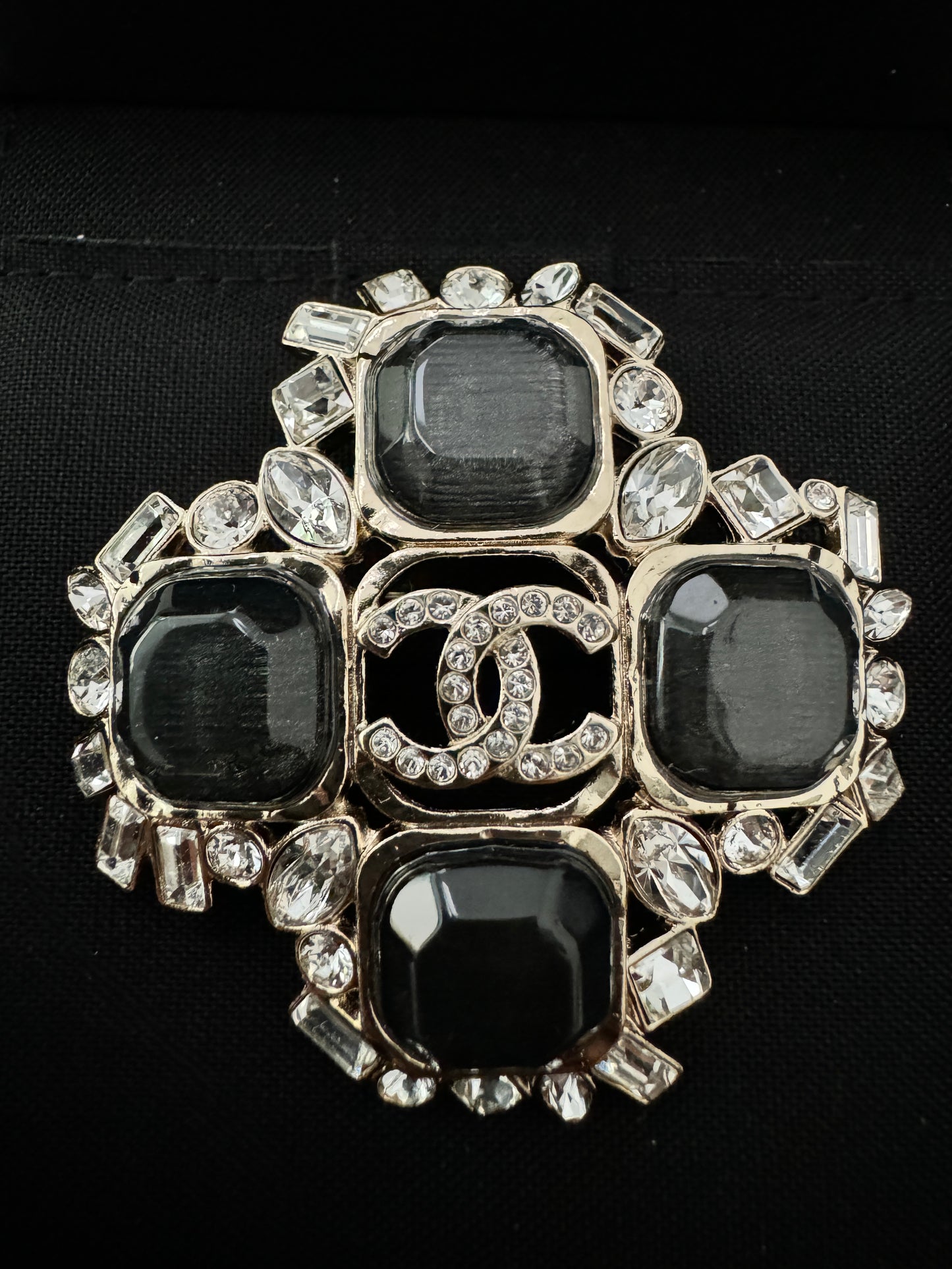 CHANEL CC 23P LARGE CLASSIC CROSS SHIELD BADGE BROOCH GOLD GRAY BLACK CRYSTALS