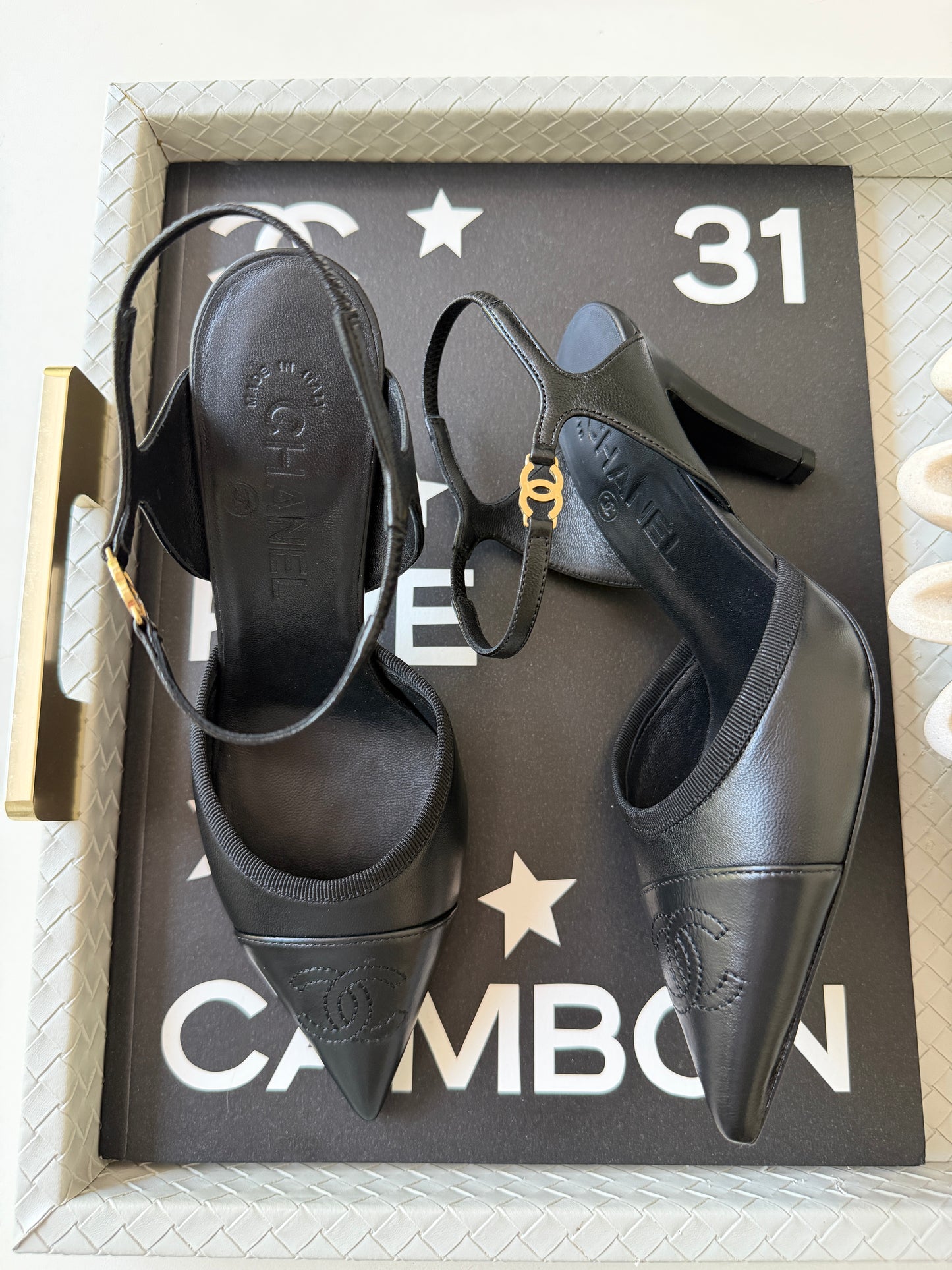 CHANEL SS 2026 BLAZY BLACK CAP POINTED TOE LEATHER CC LOGO HEELS SHOES PUMPS SLINGBACKS