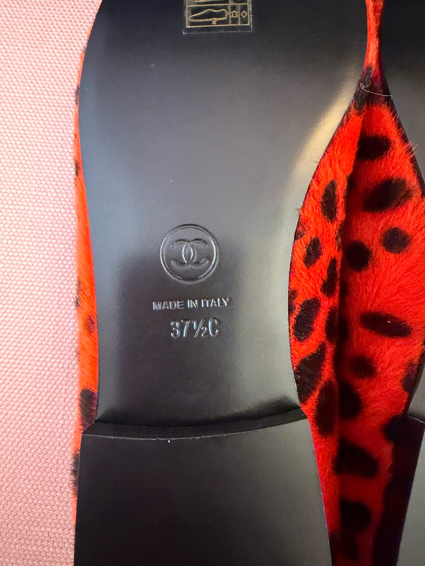 Chanel MÉTIERS D’ART 26 Red Orange Black White Pony Hair Animal Print Ballet Flats