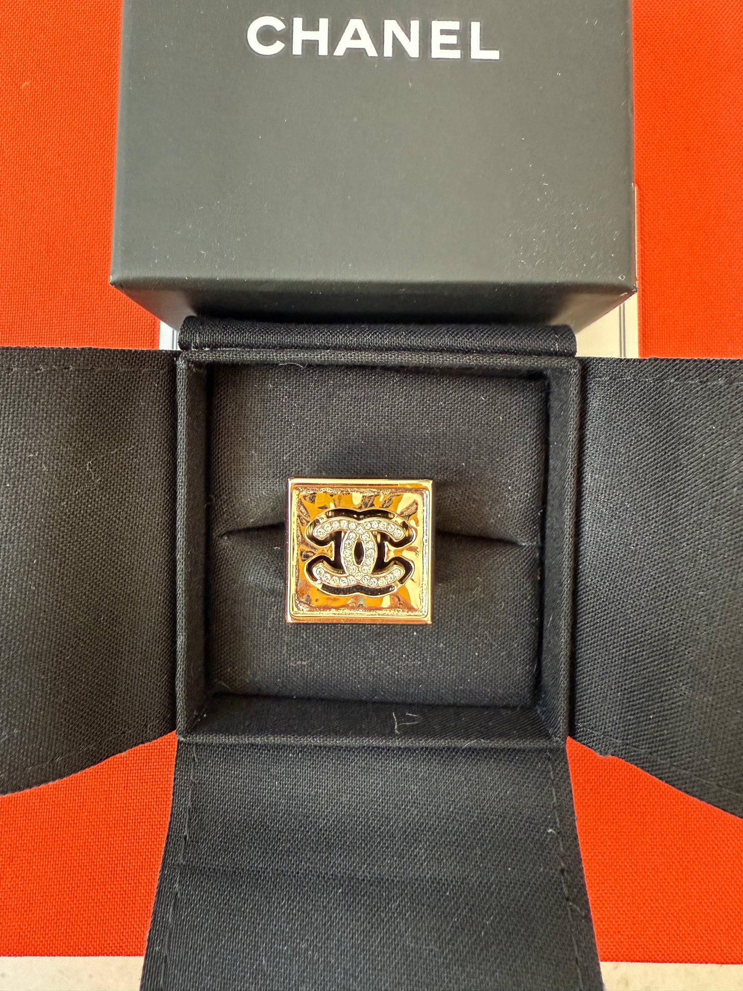 Chanel 22S CC Logo Crystals Strass Crystal Metal Gold Tone Square Ring