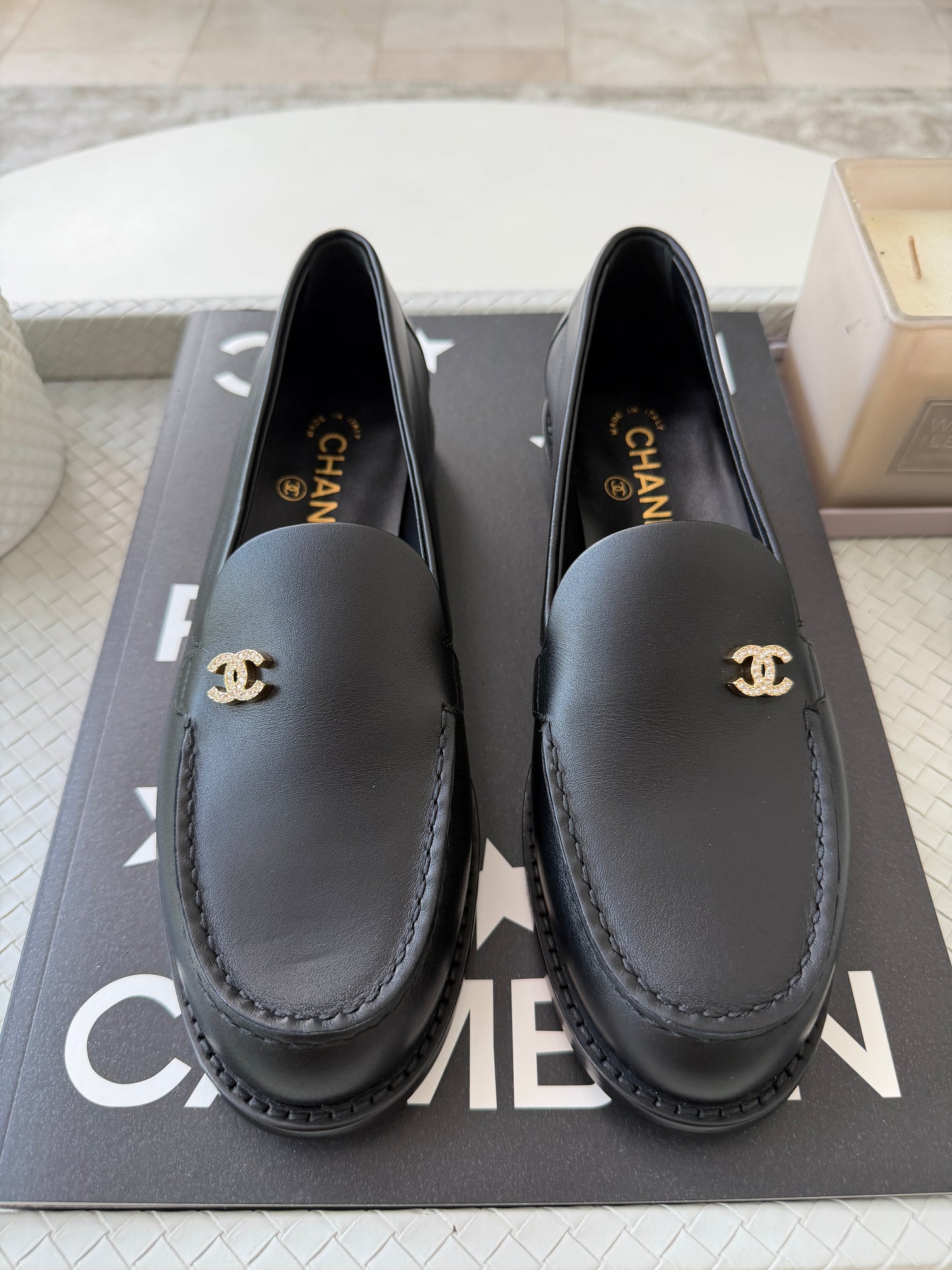 Chanel Metiers D’art 26 Strass CC Logo Black Leather Oxford Loafers Flats Shoes Moccasins