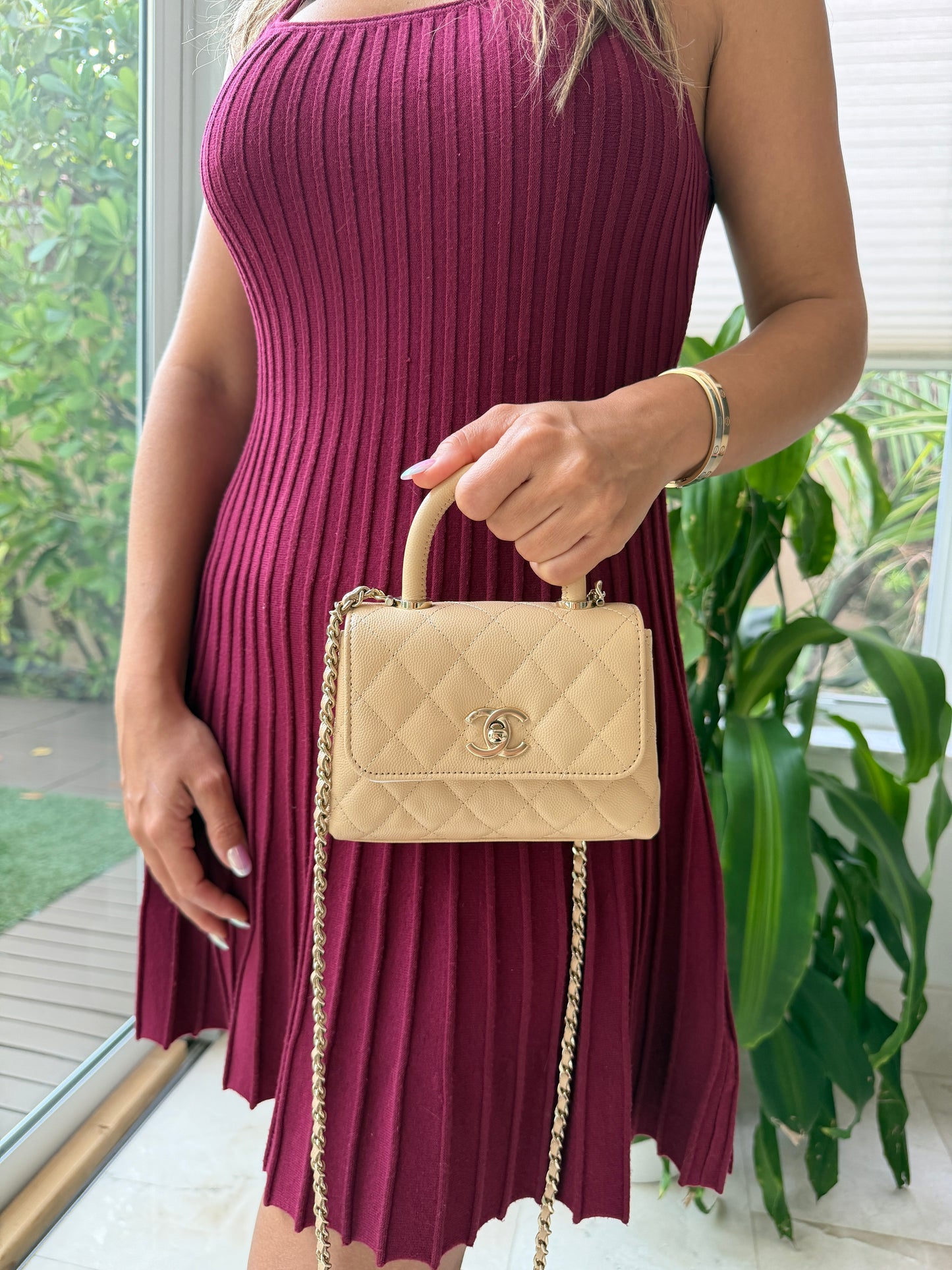 Chanel 24K AP4244 Micro Coco Handle Extra Mini Classic Flap Bag Beige Caviar Clutch with Chain Gold HW