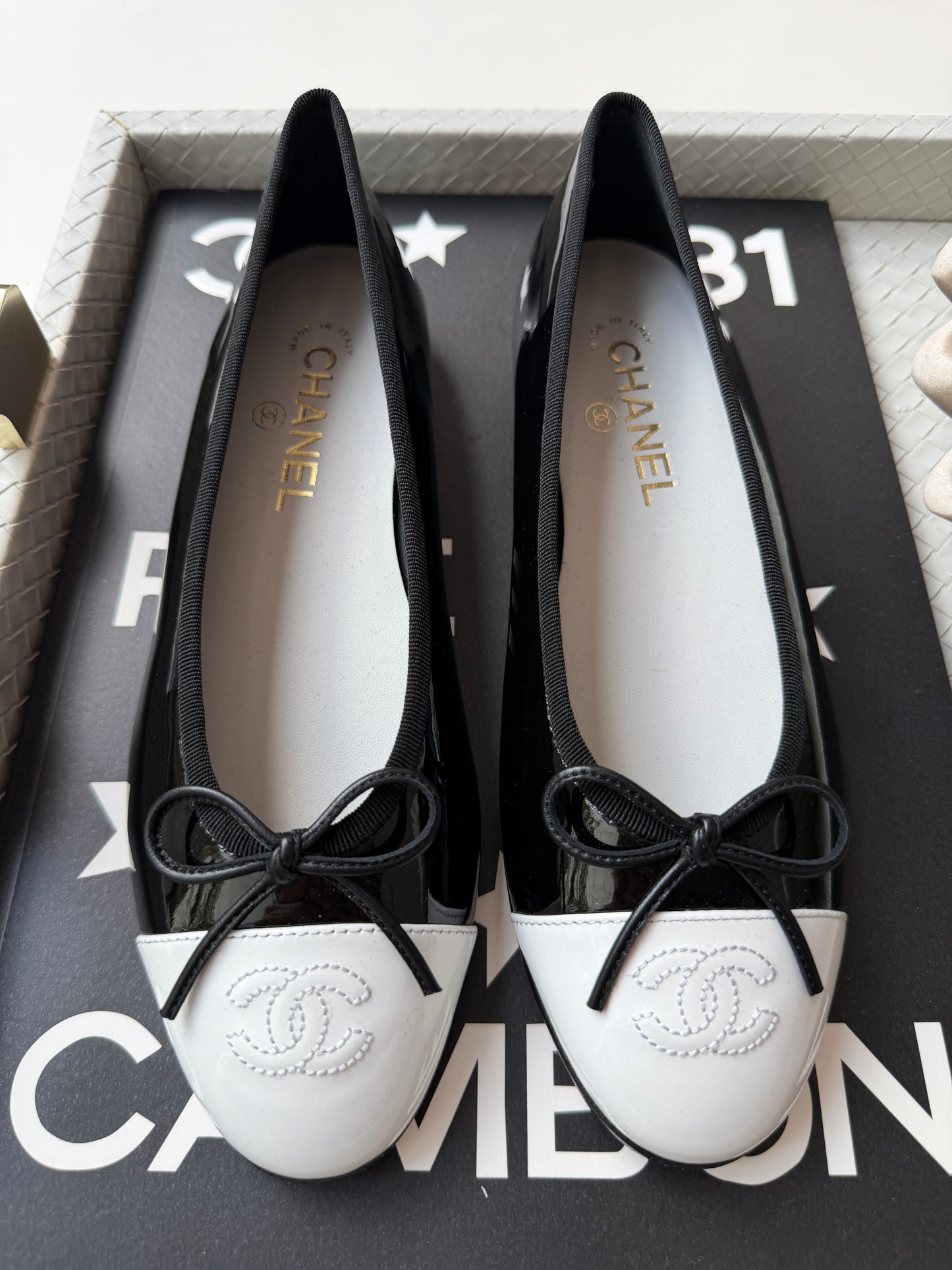 Chanel 26 Black Patent Leather White Cap Toe CC Logo Flat Ballet Ballerina Flats