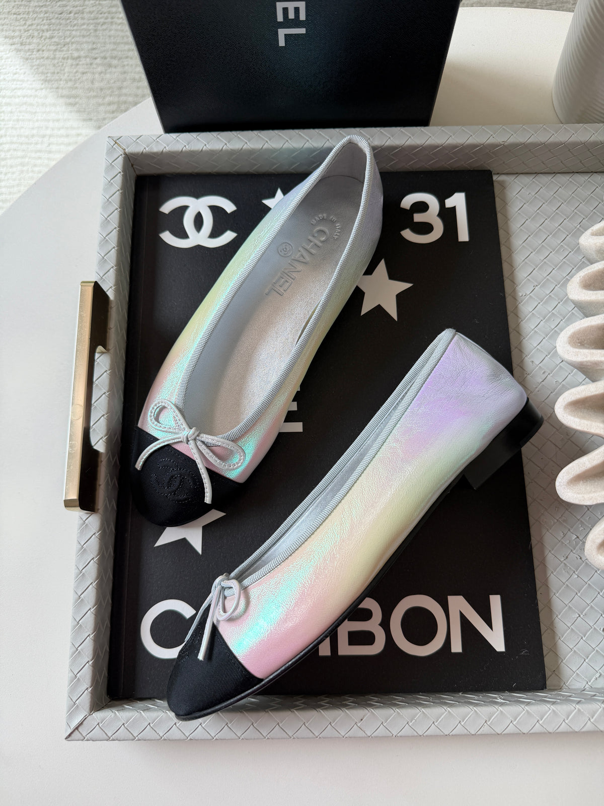 Chanel 26K Pearl White Silver Iridescent Black Cap Toe Ballet Ballerina Flats