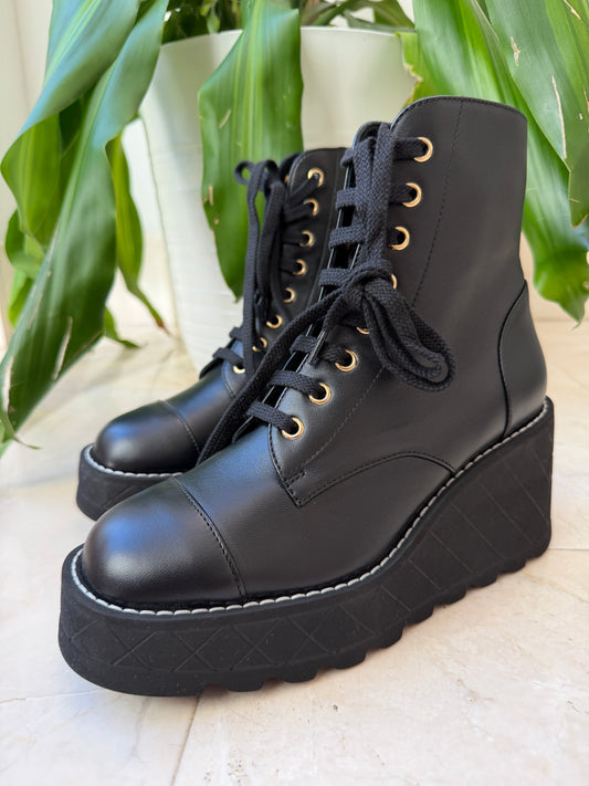 Chanel 2024 Platform Interlocking CC Logo Combat Wedge Lambskin Lace Up Ankle Boots