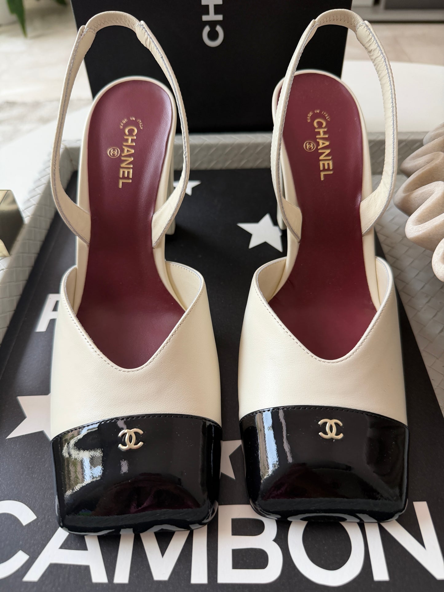 Chanel 26S Blazy Ivory Ecru Black Square Cap Toe Sling CC Slingback Chunky Heel Pumps
