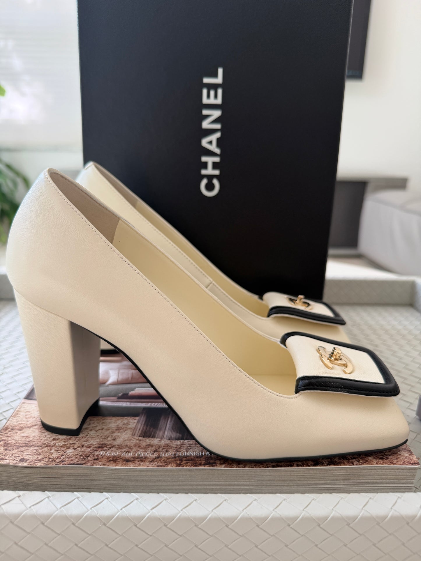 Chanel SS 26 Blazy Ivory Black Lambskin Square Toe CC Logo Turn-lock Pumps Heels