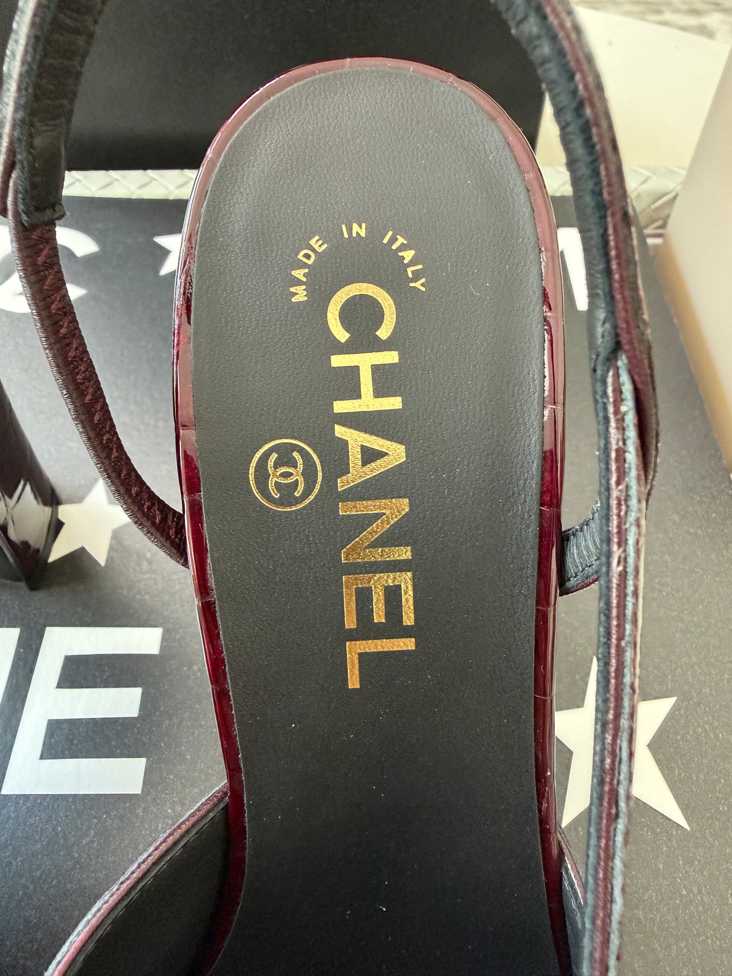 Chanel 26A Coco Sling Burgundy Bordeaux Fonce Croc Embossed Patent Leather Slingback Metiers Dart Pumps Heels