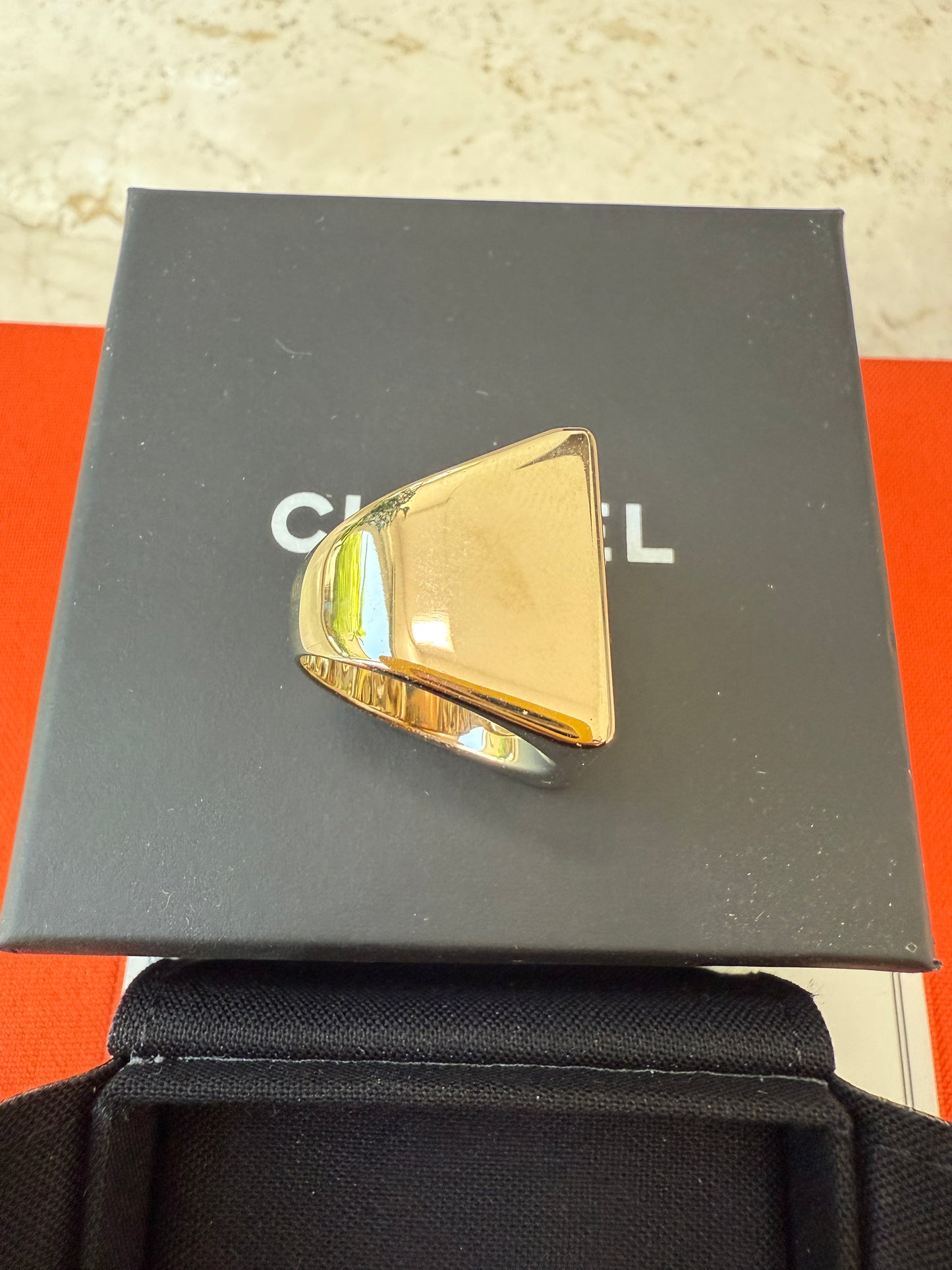 Chanel 22S CC Logo Crystals Strass Crystal Metal Gold Tone Square Ring