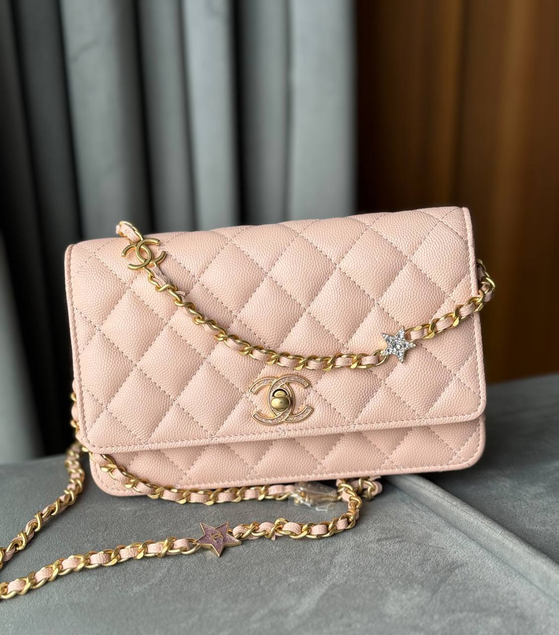 Chanel WOC Wallet On Chain Shiny Grained Calfskin Quilted Charms Enamel Strass Gold-Tone Metal Light Pink Bag Handbag