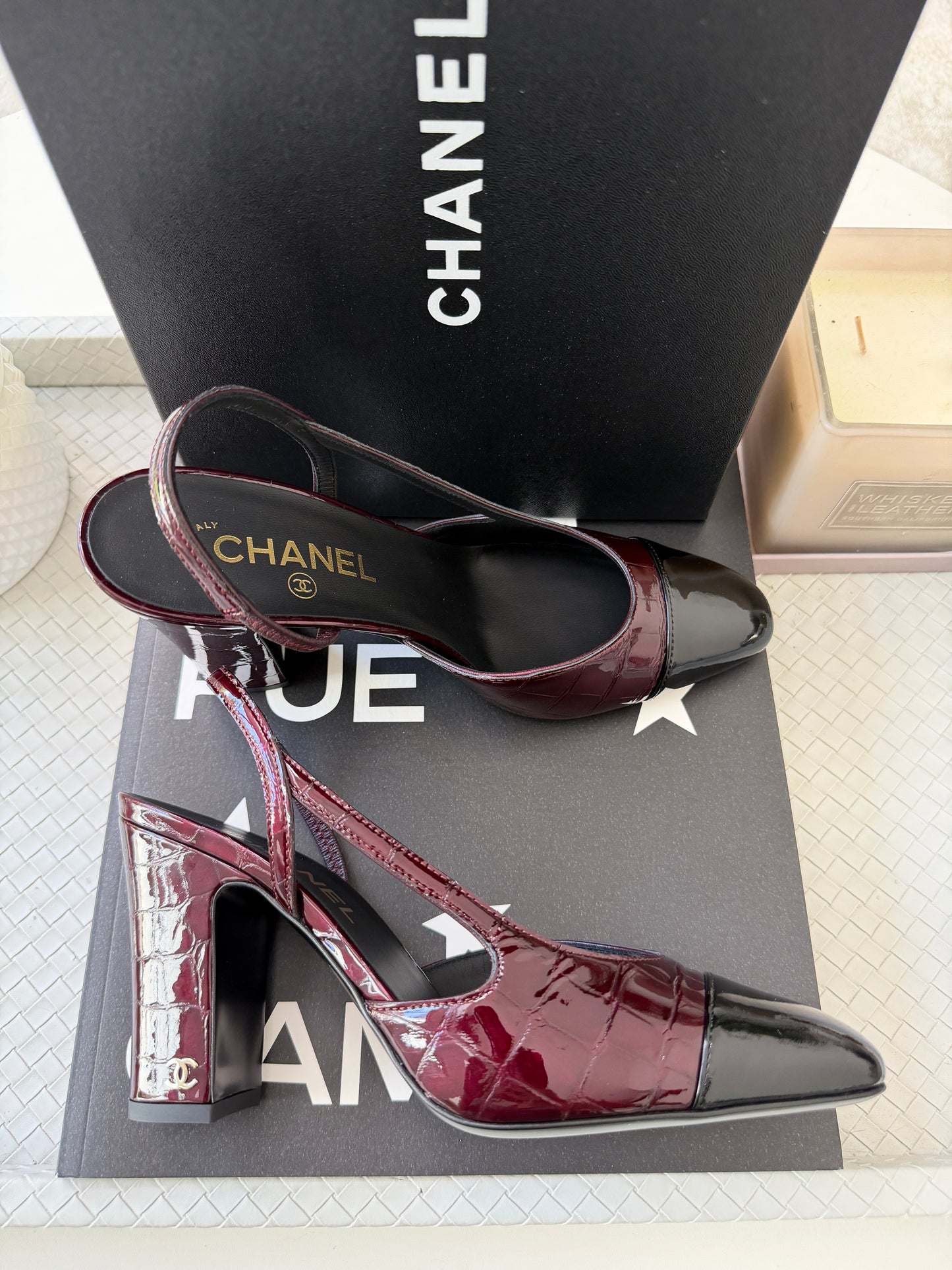 Chanel 26A Coco Sling Burgundy Bordeaux Fonce Croc Embossed Patent Leather Slingback Metiers Dart Pumps Heels