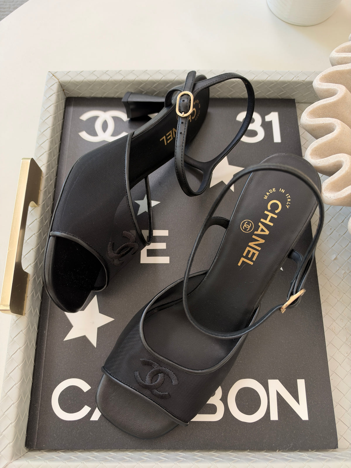 CHANEL 26 BLAZY BLACK MESH LAMBSKIN OPEN TOE CC LOGO SANDALS HEELS SHOES